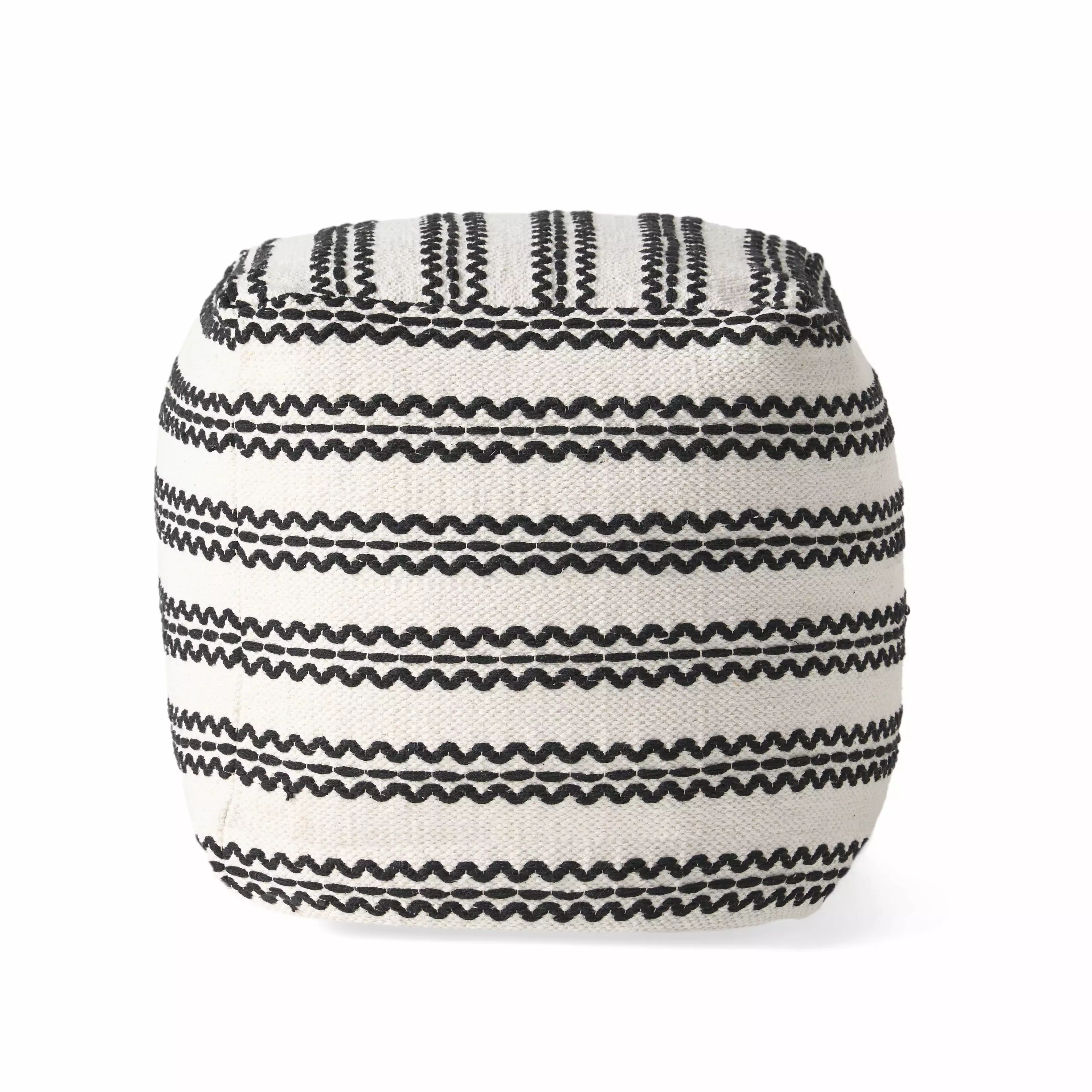 GDF Studio Union Boho Handmade Fabric Cube Pouf Natural and Black GDFSTUDIO