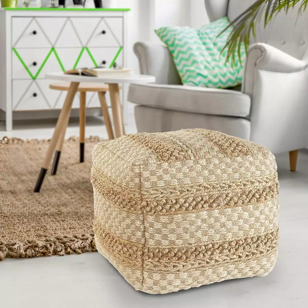 LR Home Medium Braided Striped Indoor Square Pouf Natural Off-white 18 x 18 x 18