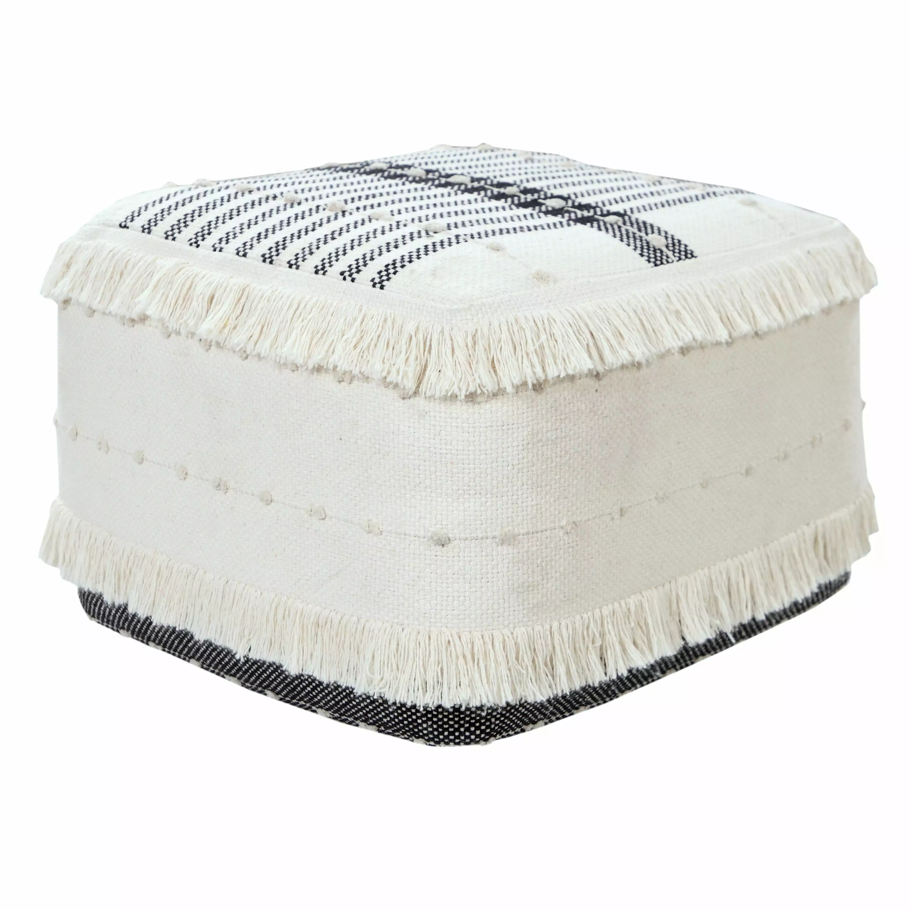 LR Home Small Fringe Striped Indoor Square Pouf Black Ivory 18 x 18 x 14