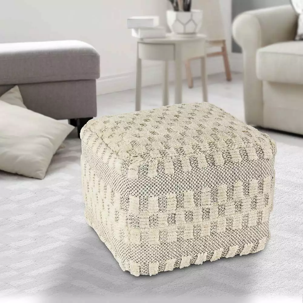 LR Home Small Over-tufted Geometric Indoor Square Pouf Cream 18 x 18 x 14