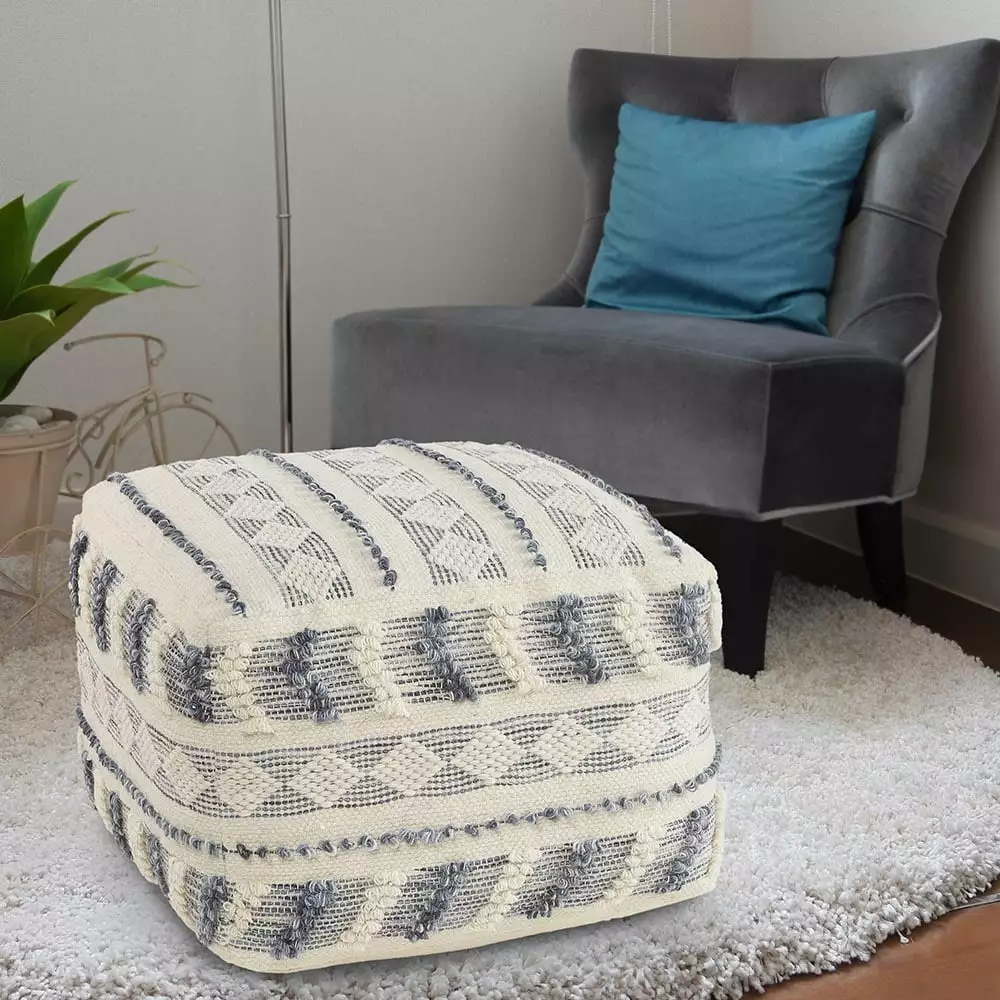 LR Home Small Over-tufted Striped Indoor Square Pouf Navy Ivory 18 x 18 x 14