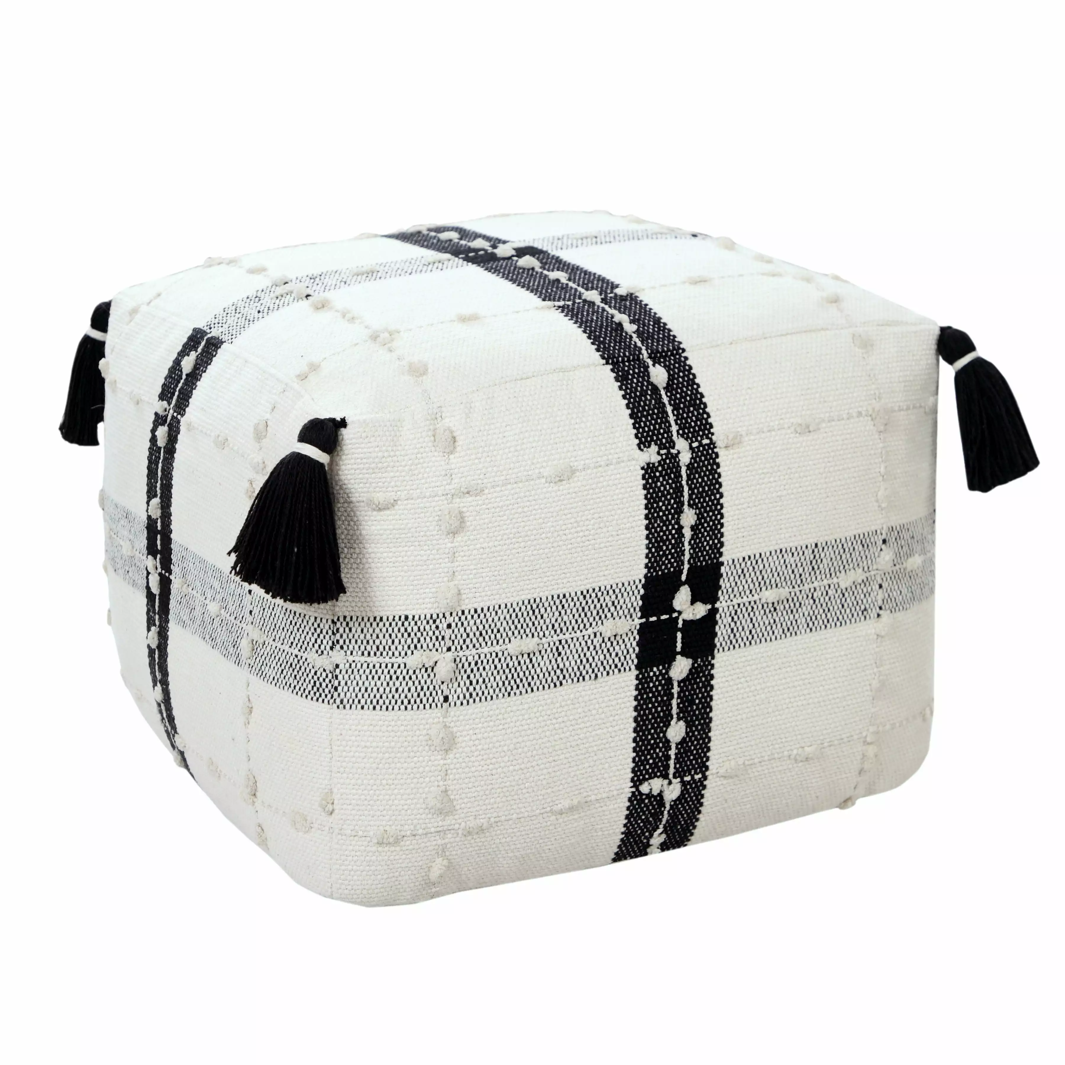 LR Home Small Tassels Striped Indoor Square Pouf Black Ivory 18 x 18 x 14