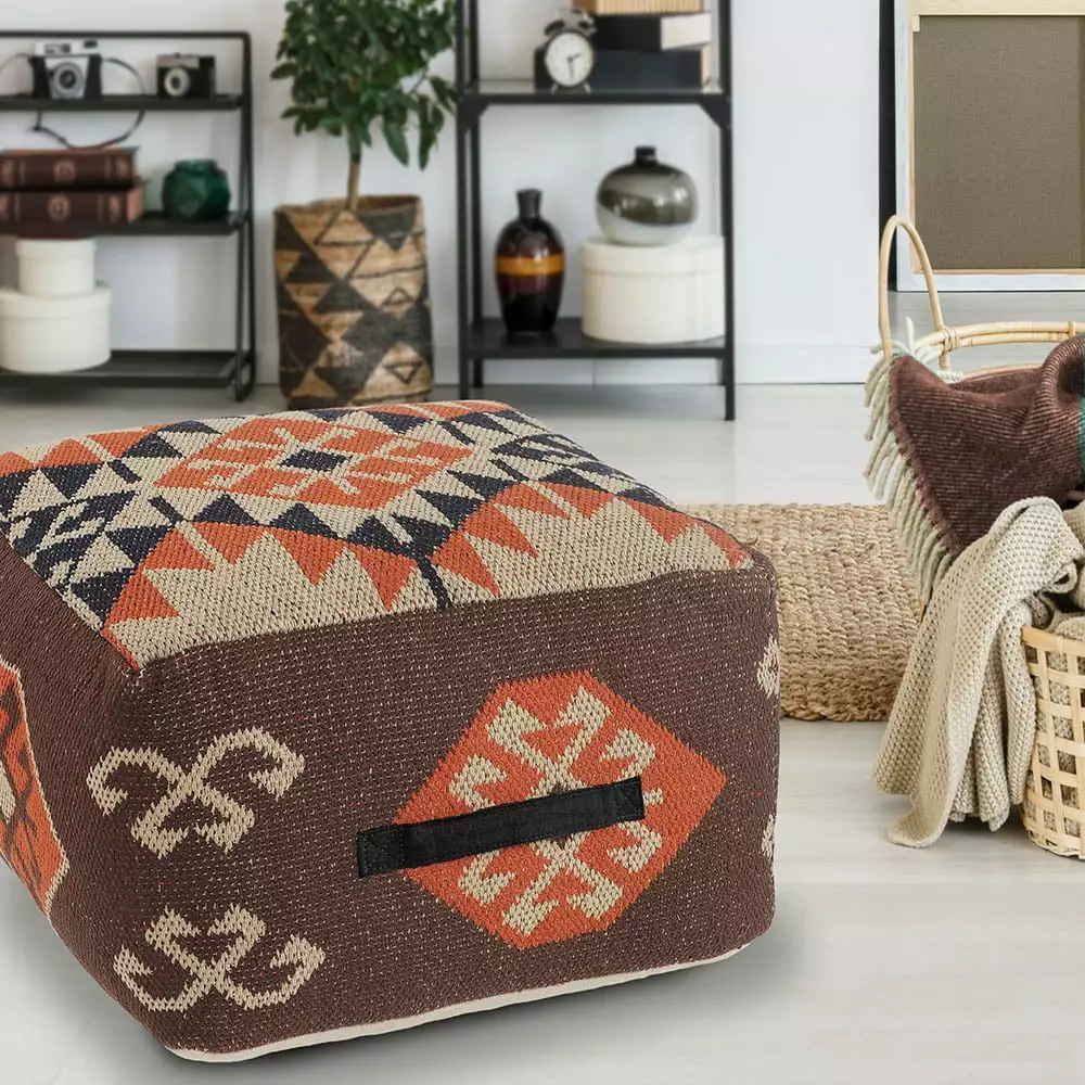 LR Home Small Tribal Indoor Square Pouf Multi 18 x 18 x 12