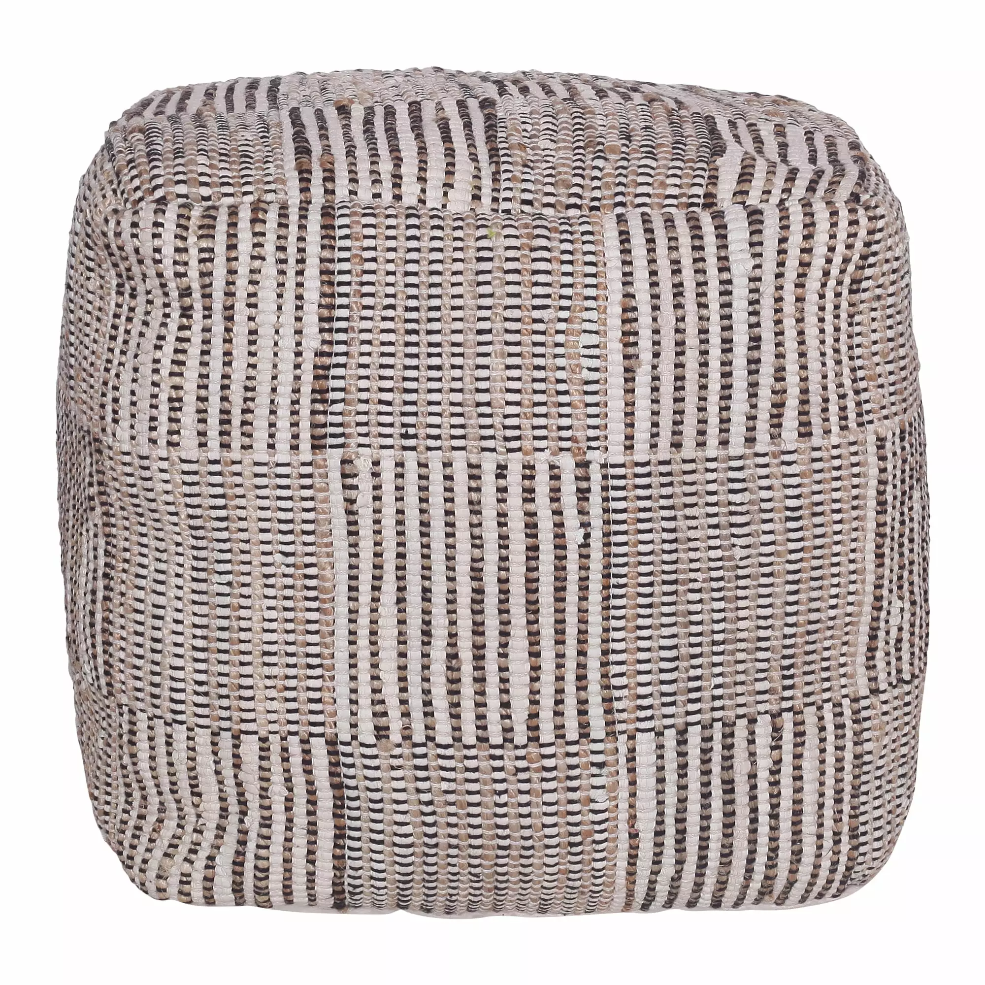 LR Home Square Natural Charcoal Recycled Chindi Medium-Sized Indoor Pouf 18x18x18