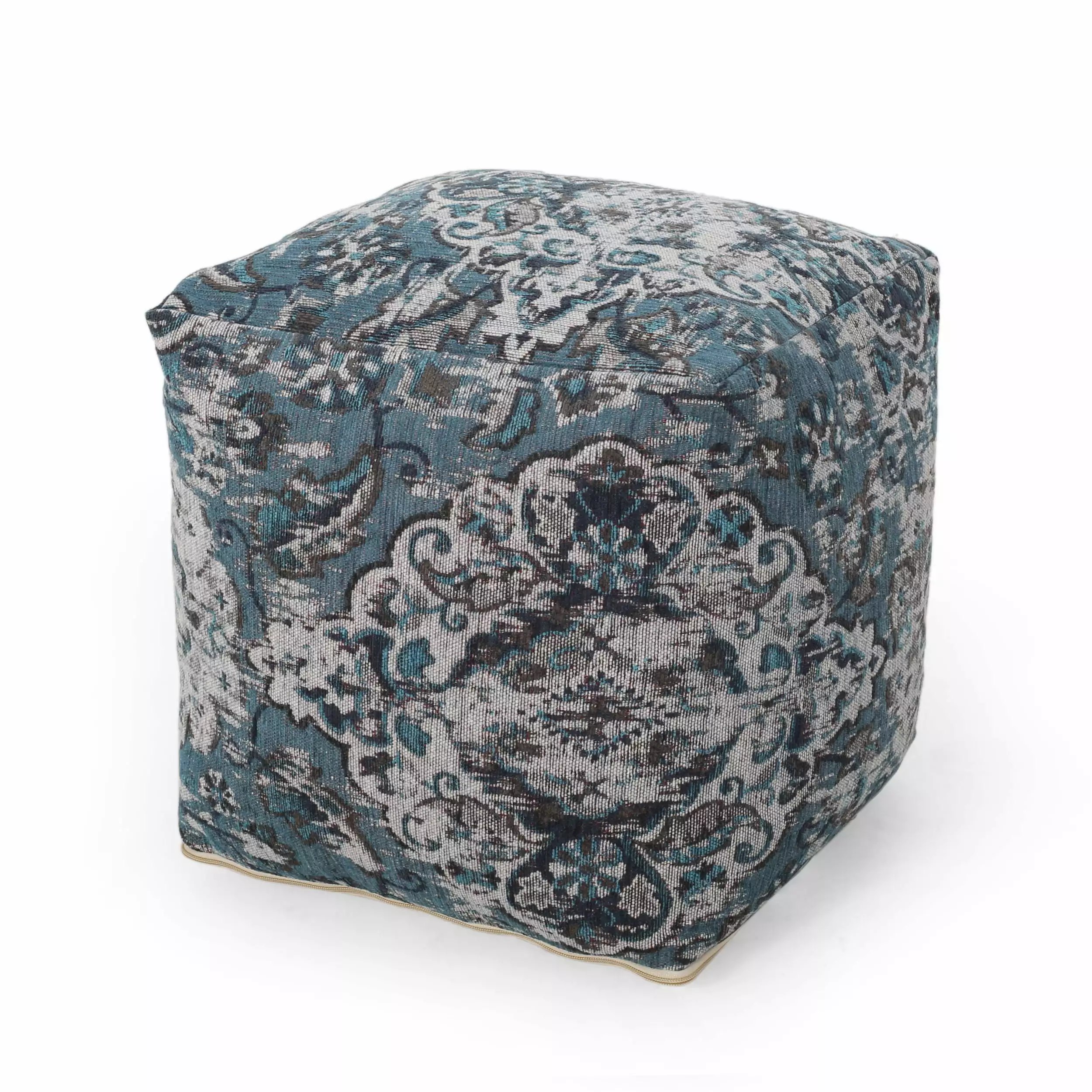 Noble Houtilize Cube Bohemian Fabric Pouf Blue Decorative Ottoman Noble House