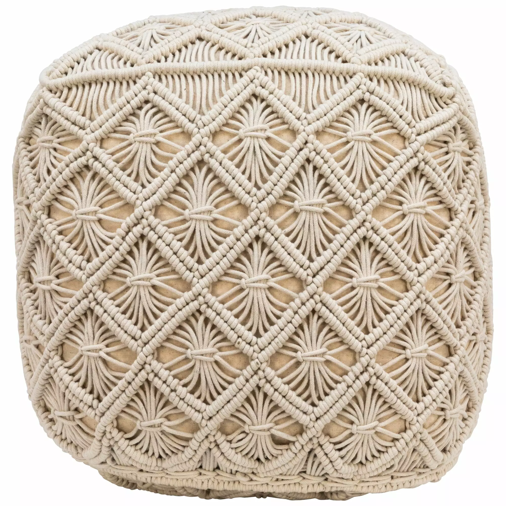 Northlight 18 Beige Handmade Macram Natural Cotton Square Pouf Ottoman