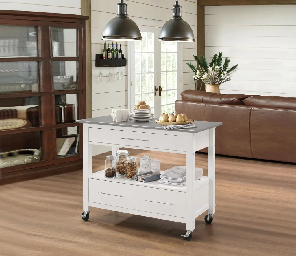 Ottawa Stainless Steel and White Kitchen Cart Wooden Top
