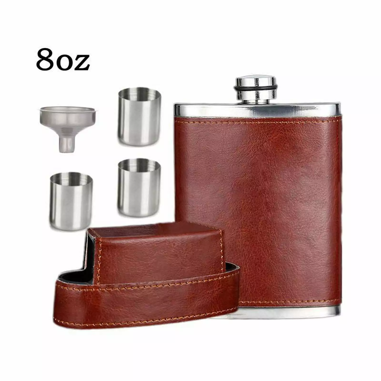 iMucci 8oz Stainless Steel Hip Flask 3 Cups and 1 Funnel Brown Leather Covered Portable Drinking Flask Outdoor