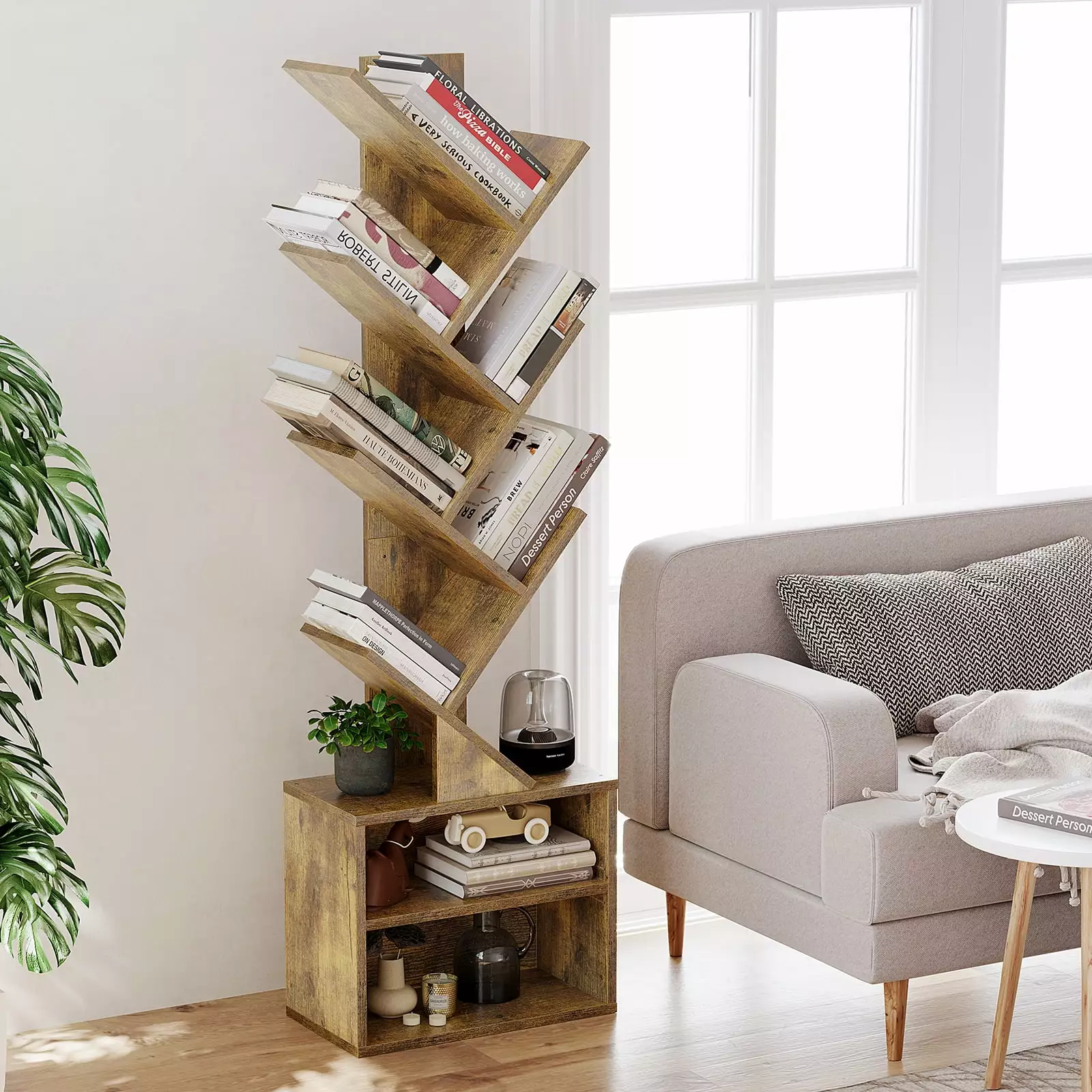Tree Bookcase Wood Storage Rack CDs Movies Books Anti-Fall Utility Organizer Shelves Living Room KasYovas