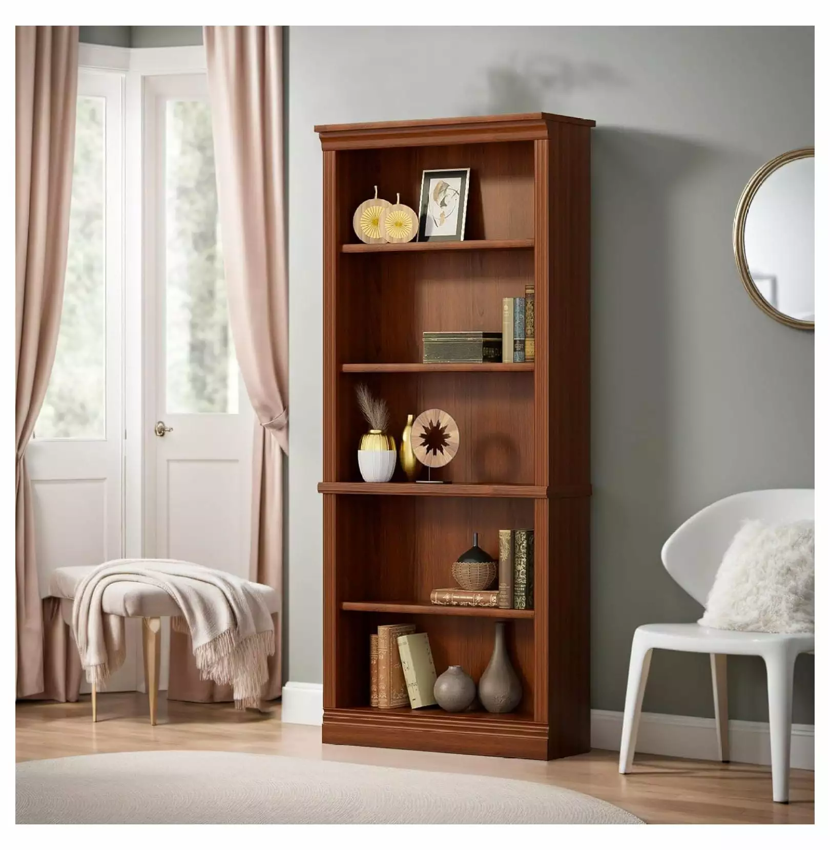 BULYAXIA 72 Inch Tall Bookcase - 5-Shelf Wood Open Display Floor Bookshelf Library Bedroom Living Room Cherry Finish