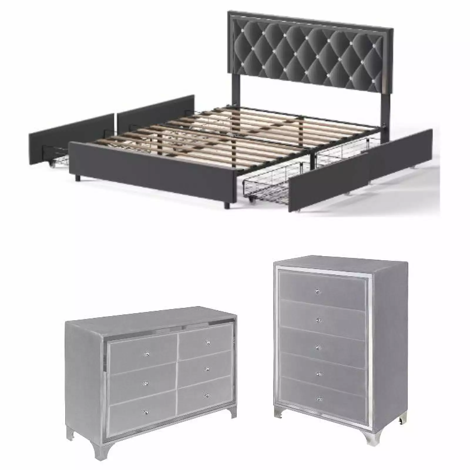 Home Square 3-Piece Set 5 Drawer Chest & Dresser & King Bed Gray