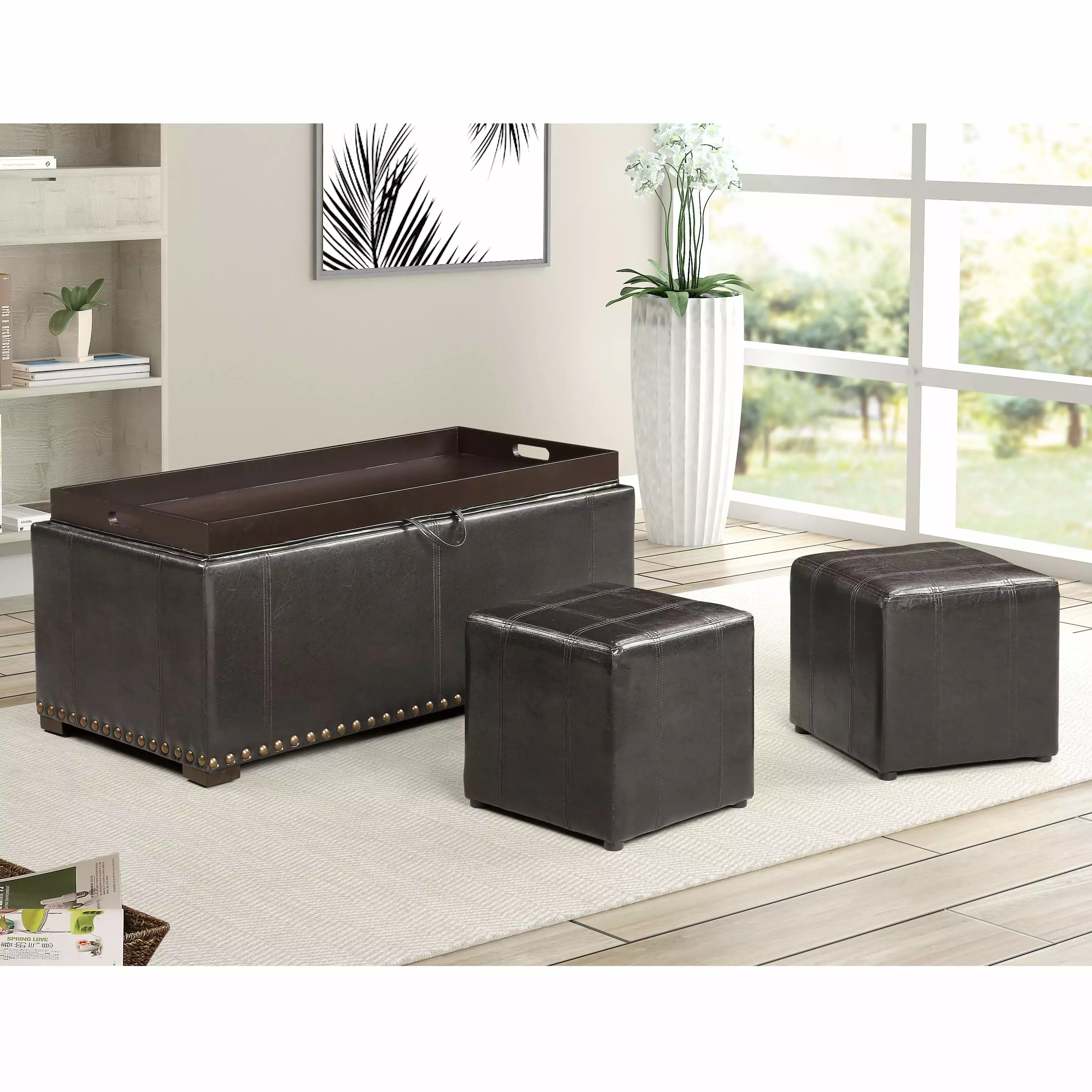 Leather Storage Bench 2 Side Ottomans Black - Elegant and Functional Furniture Ottomans AC Pacific
