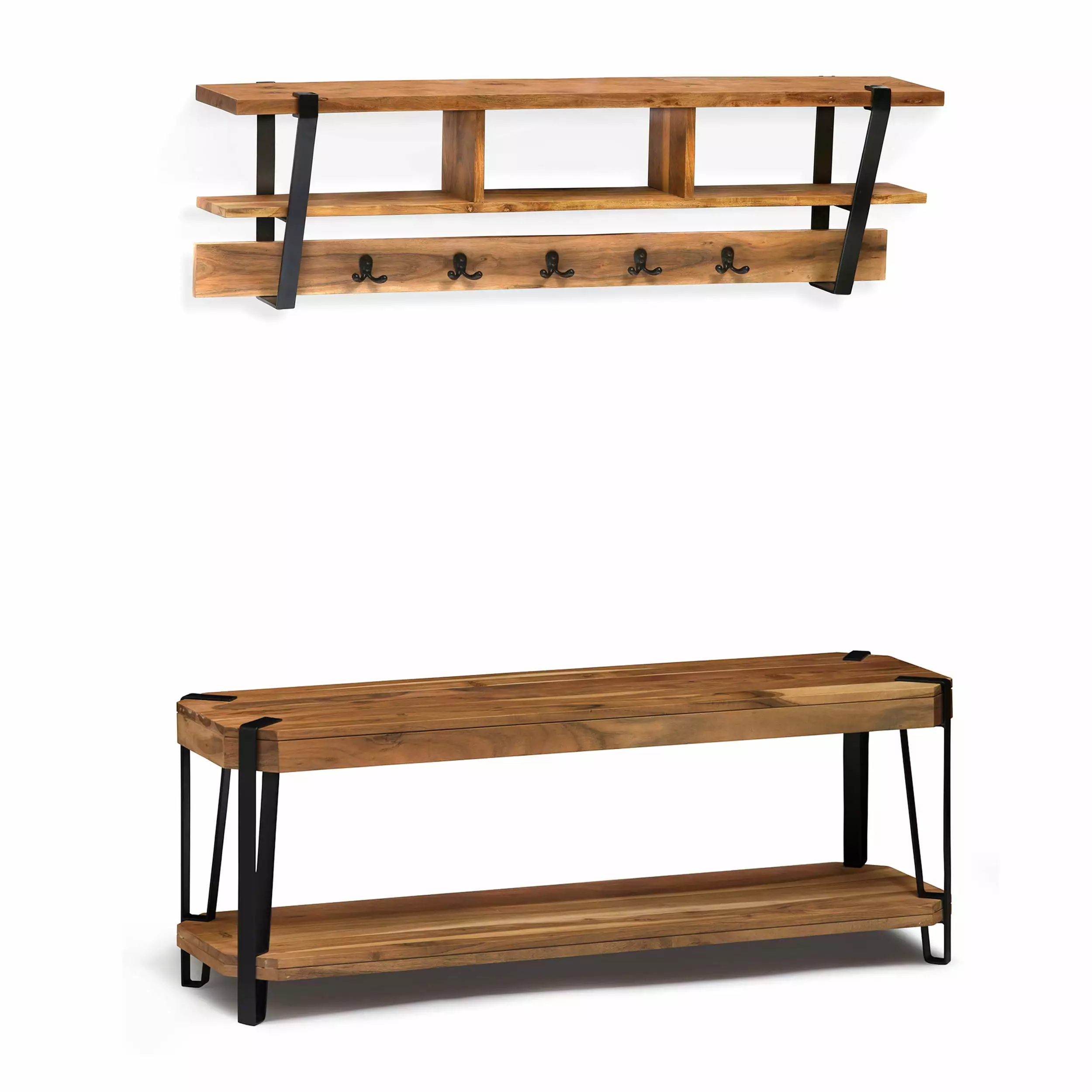 Alaterre Ryegate Natural Live Edge 5-Hook Bench Coat Hook Shelf Set Benches