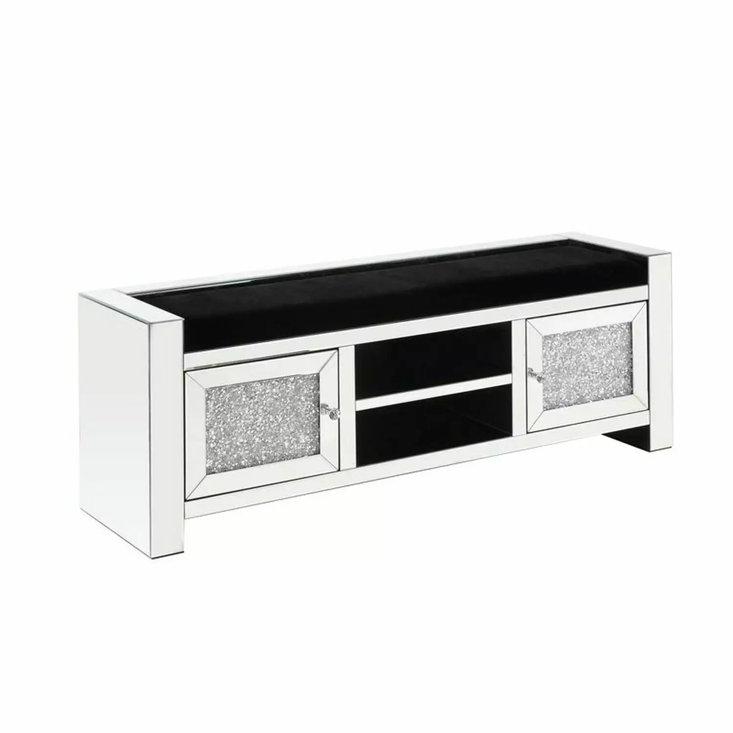 Benjara Mirrored Bench Faux Diamonds and 2 Door Cabinets Silver Benches