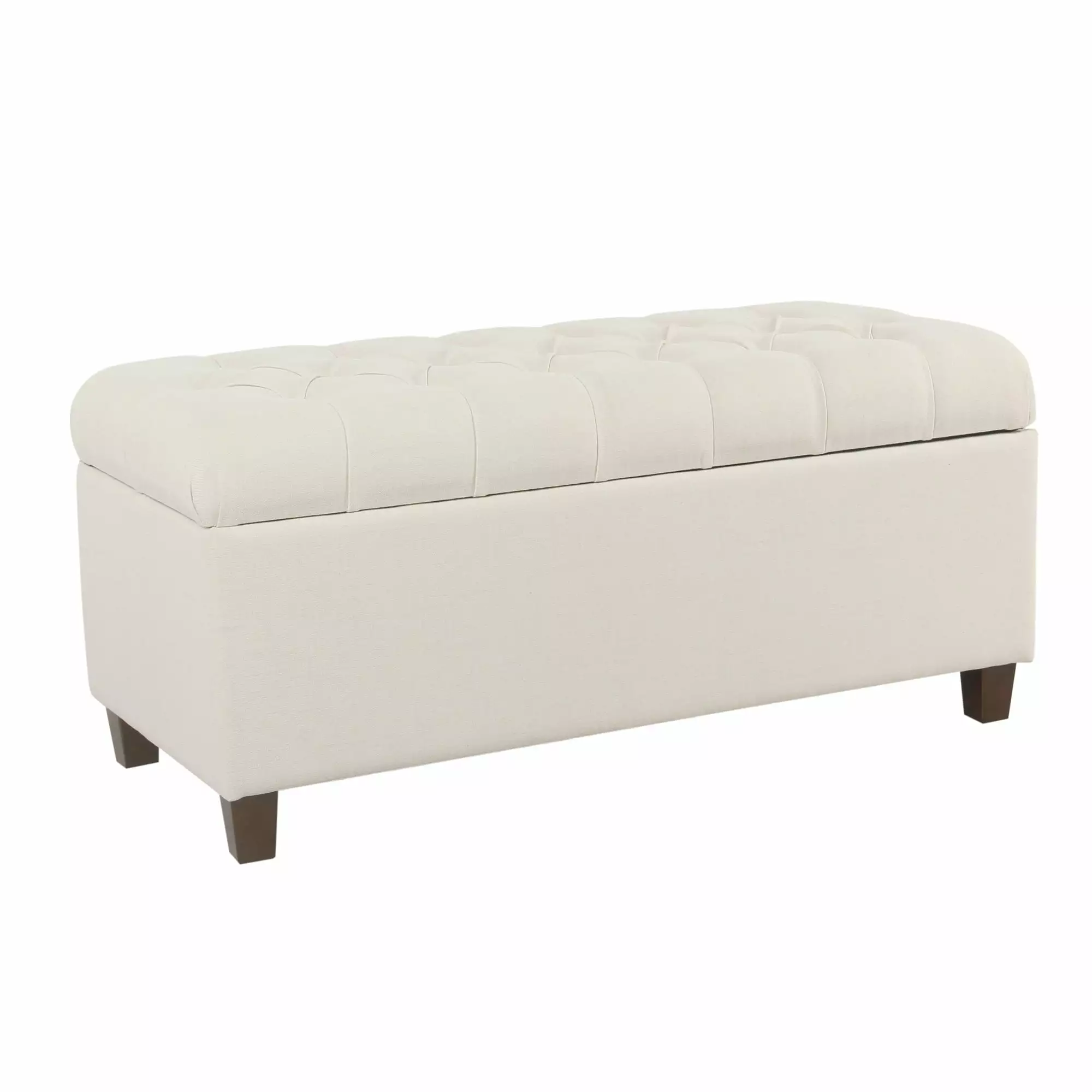 Fabric Upholstered Button Tufted Wooden Bench Hinged Storage White and Brown Benches Benjara