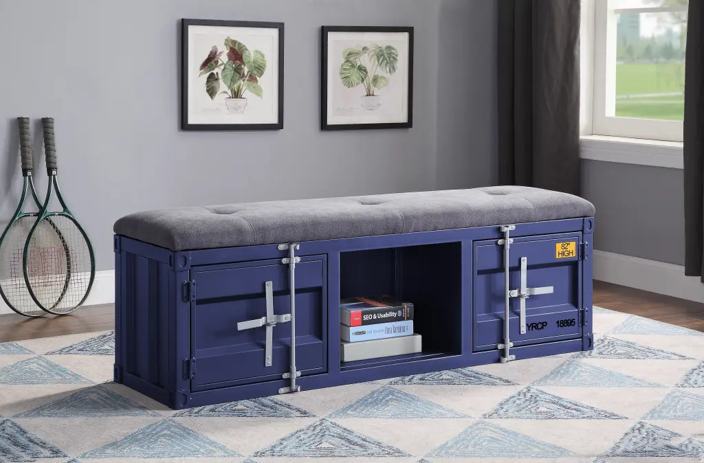 Cargo Gray Fabric and Blue Storage Bench Entryway or Bedroom