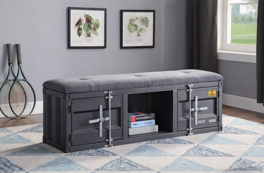 Cargo Gray Fabric and Gunmetal Storage Bench Modern Home Decor