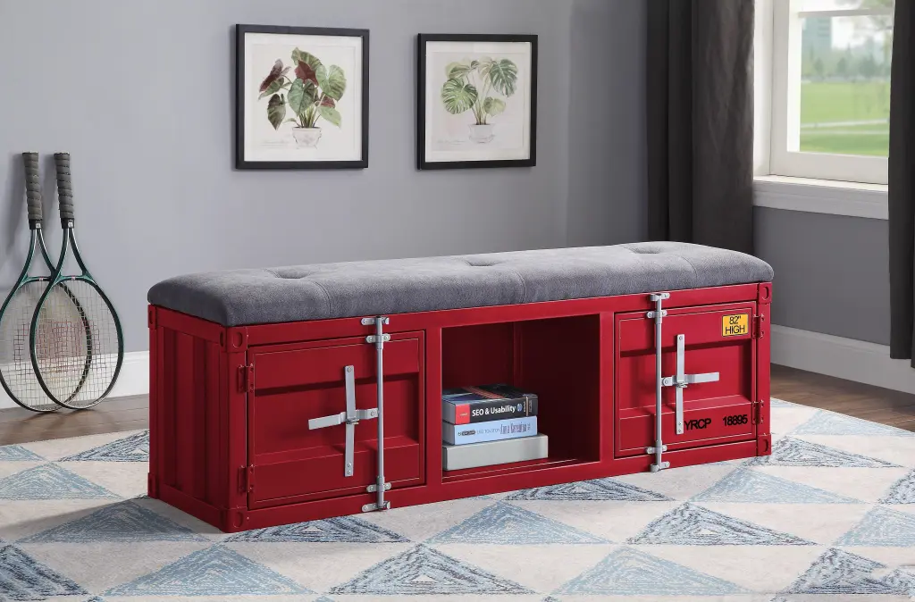 Cargo Gray Fabric and Red Storage Bench Living Room or Hallway
