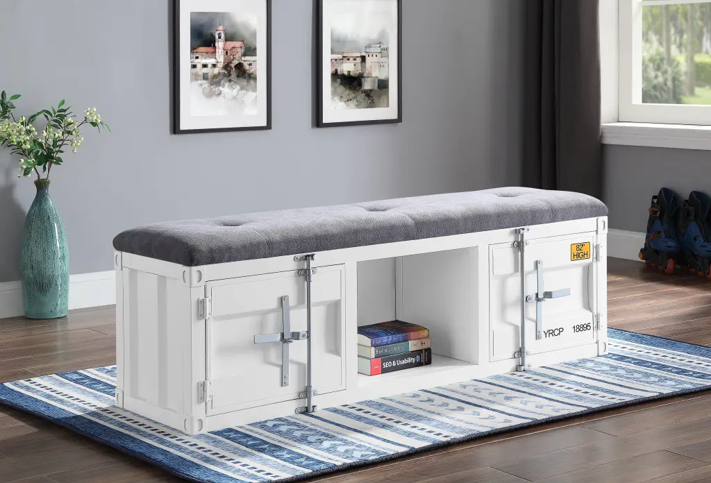 Cargo Gray Fabric White Bench Storage Multi Functional