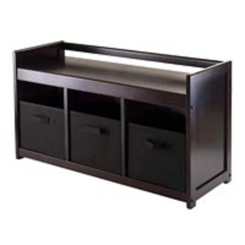 Contemporary Home Living 20.75 Dark Brown and Black Storage Bench Three Foldable Fabric Baskets Benches