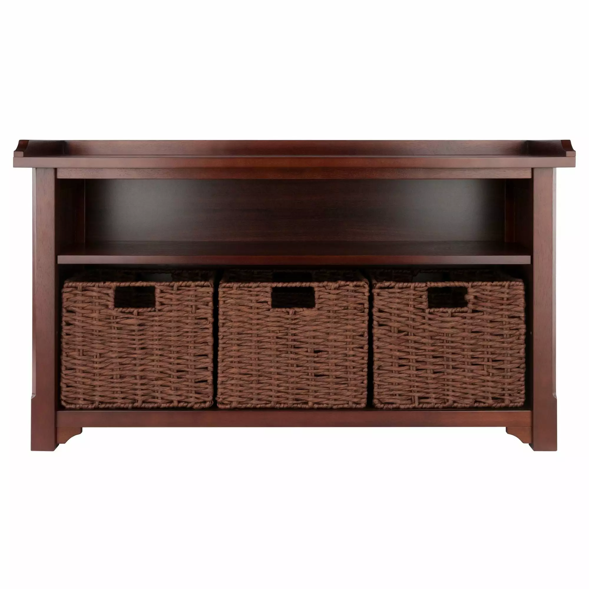 Contemporary Home Living 40 Inch Walnut Brown Storage Bench 3 Foldable Woven Baskets Benches