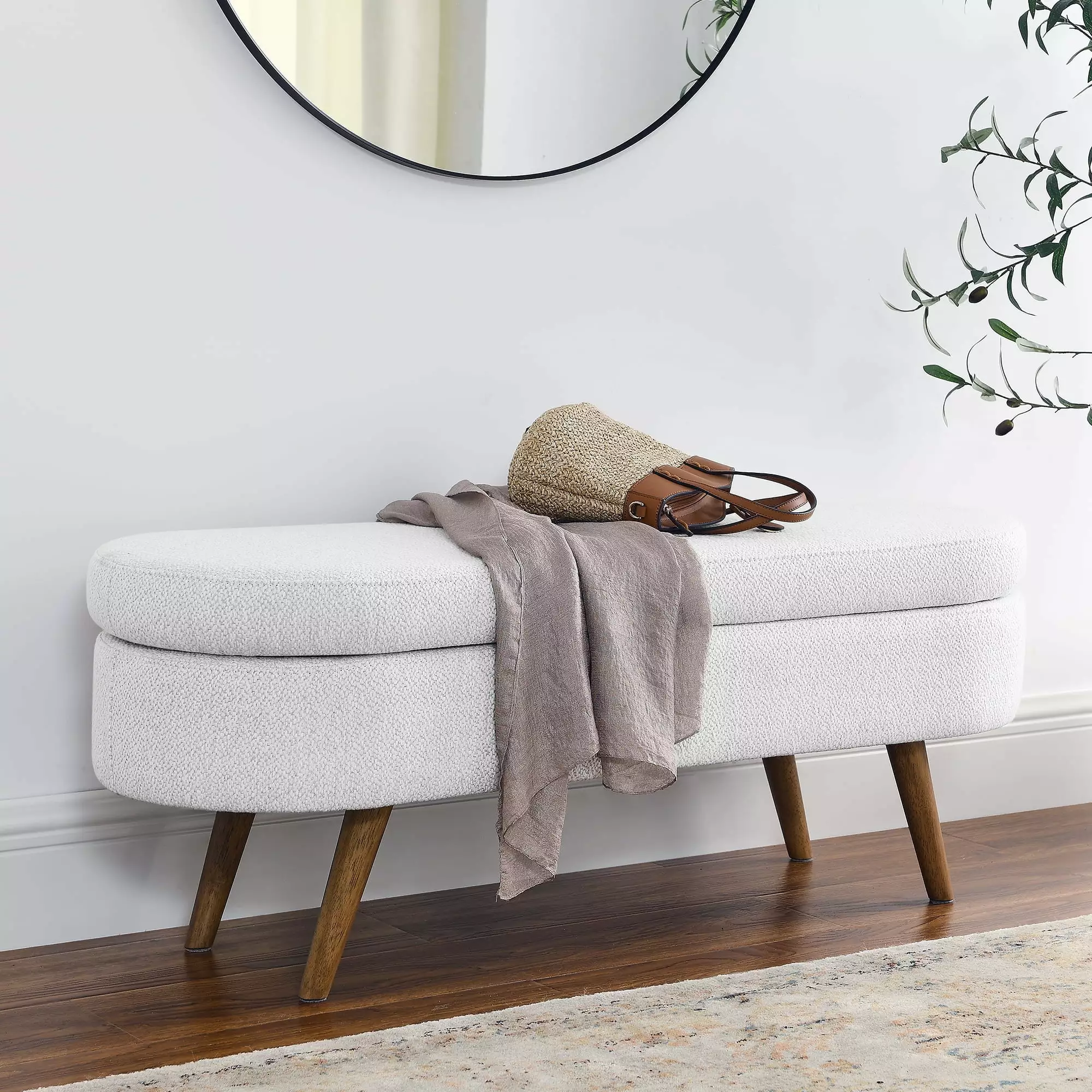 CoSoTower Oval Storage Bench Rubber Wood Legs White Bedroom Ottomans