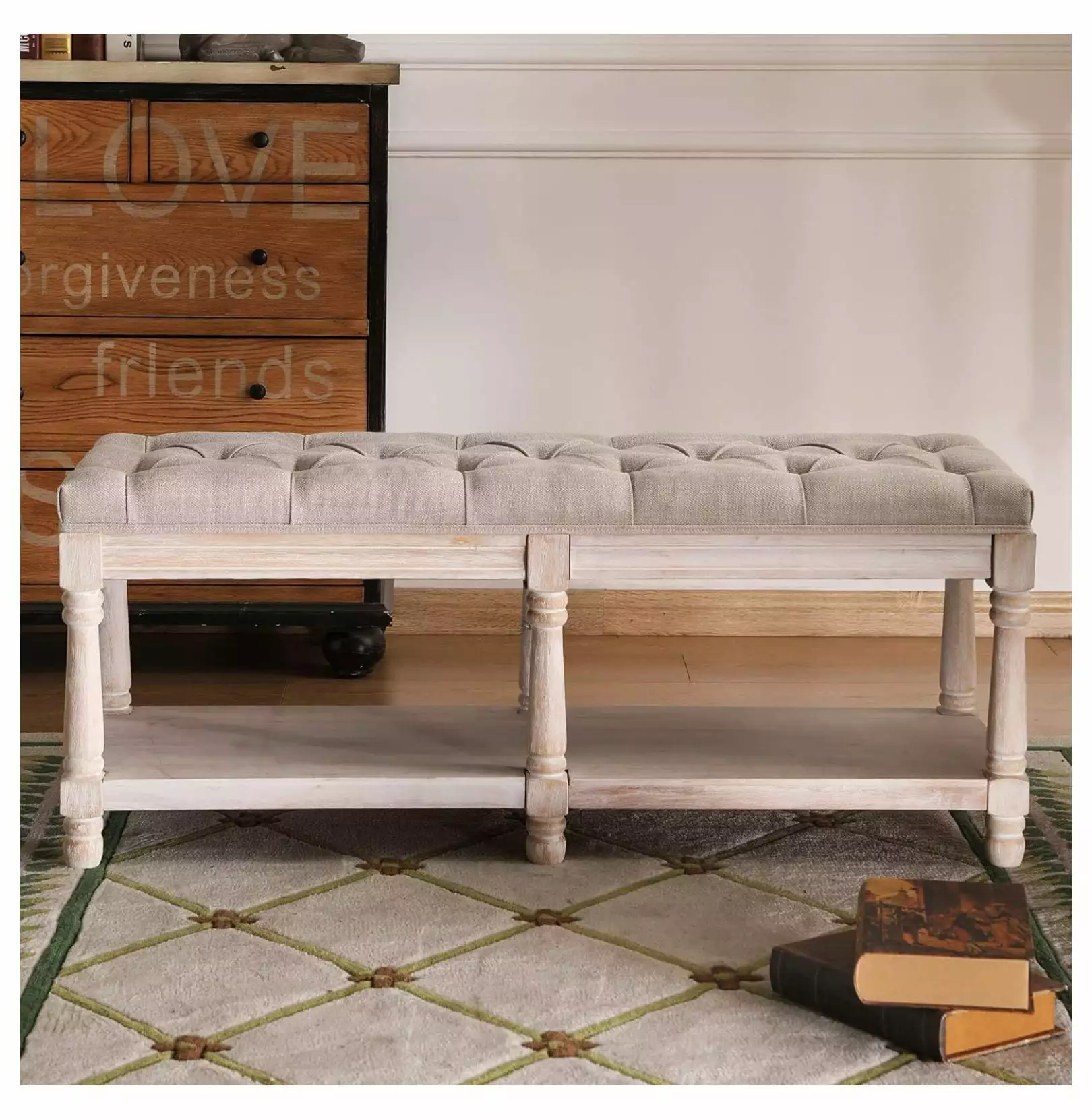 Drevy Farmhouse Storage Bench Wooden Entryway Upholstered Tufted Ottoman Bench Bedroom Benches