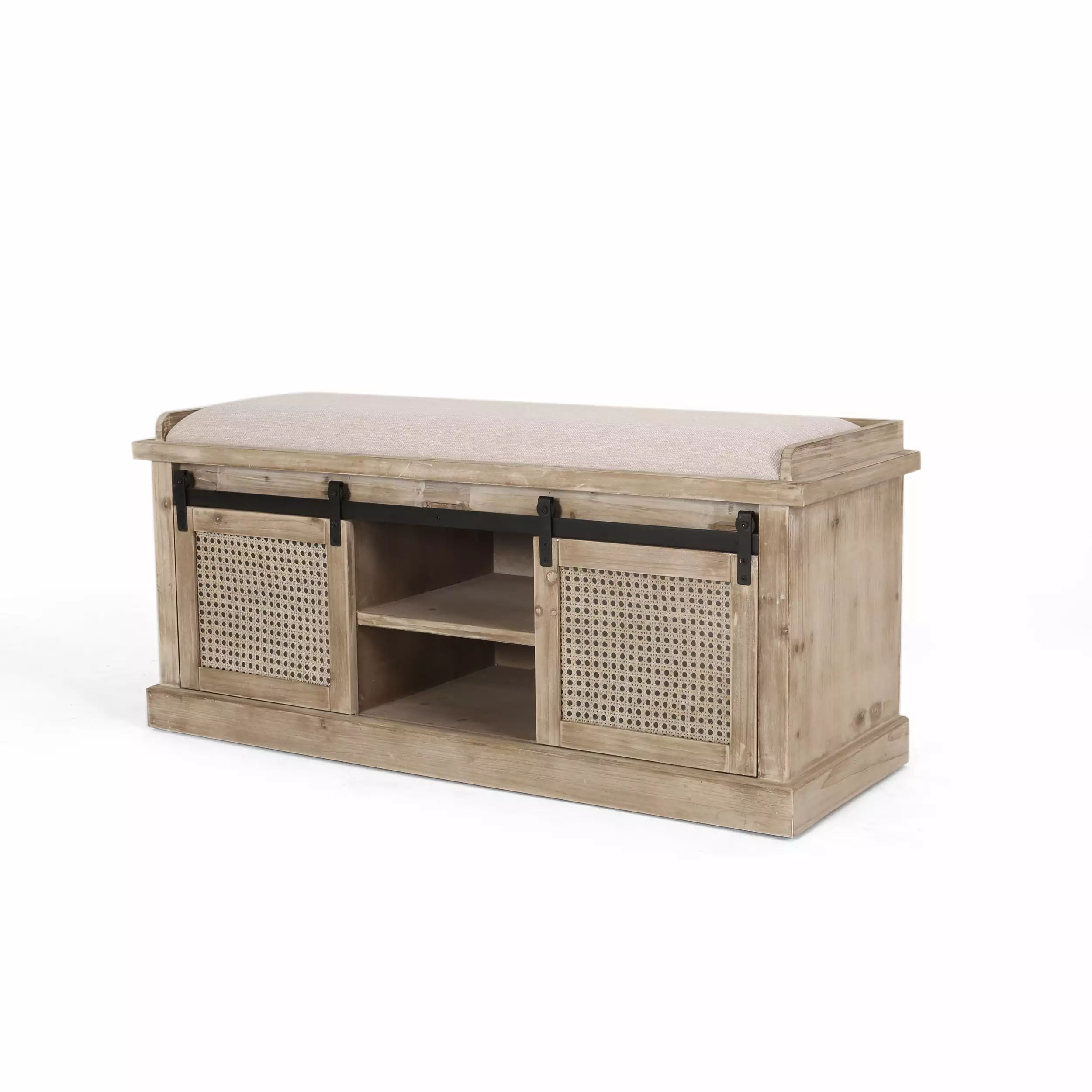 Ferster Rustic Storage Bench Cushion Beige Natural Black Benches GDFSTUDIO