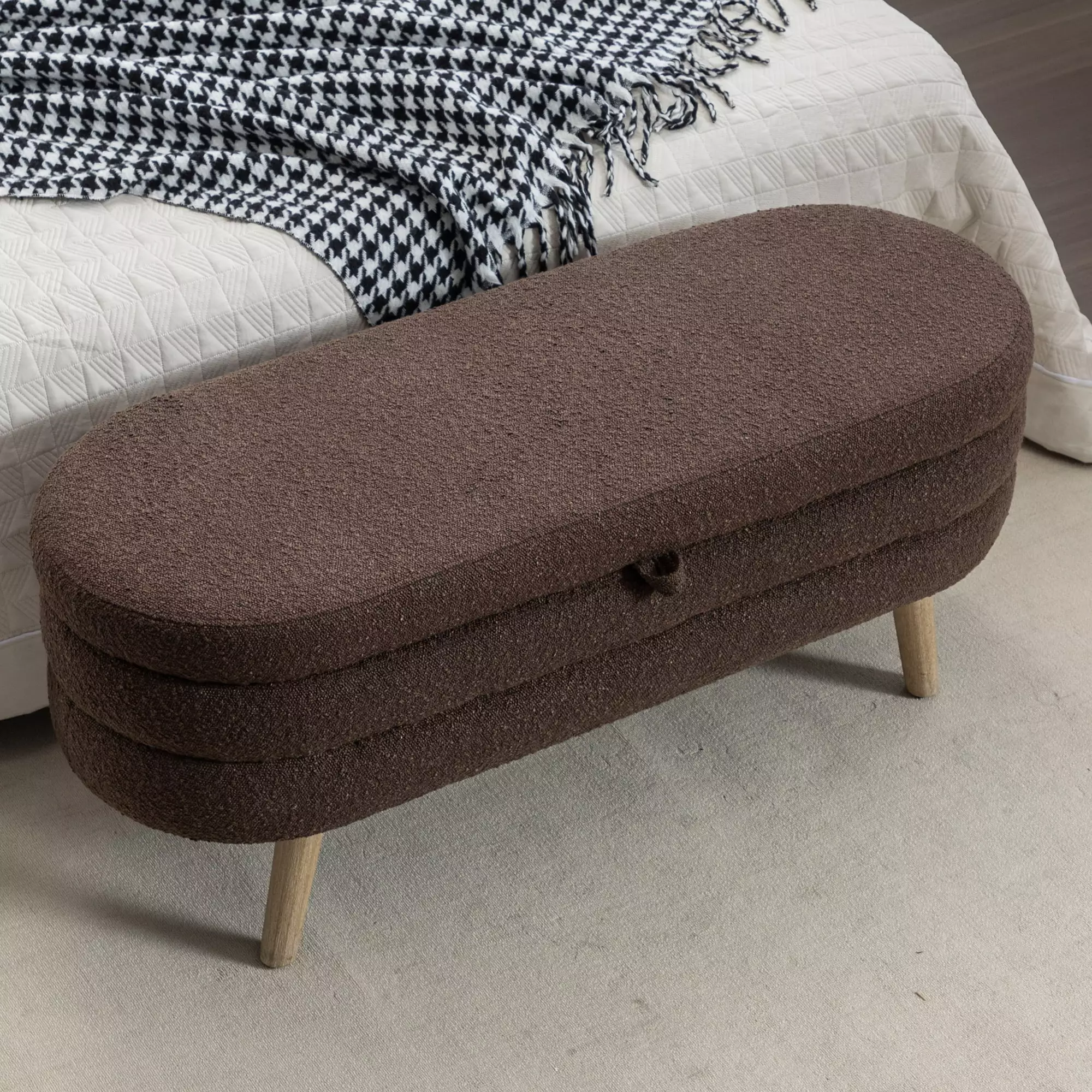Boucle Fabric Storage Bench Wood Legs Living Room Bedroom Indoor Brown Benches Ghislaine