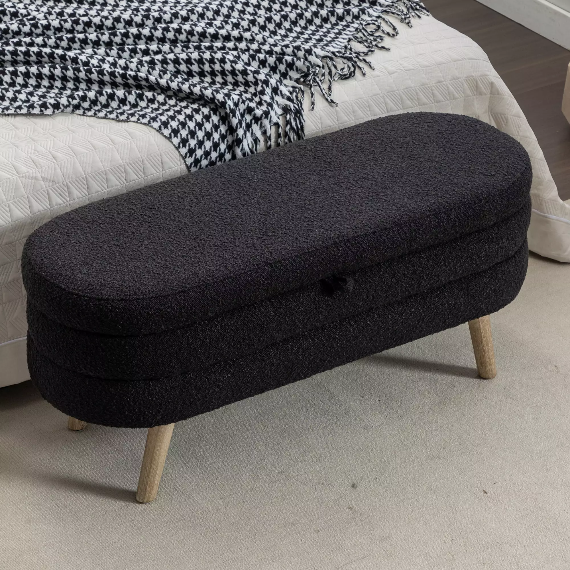 Boucle Fabric Storage Bench Wood Legs Living Room Bedroom Indoor Black Benches Ghislaine