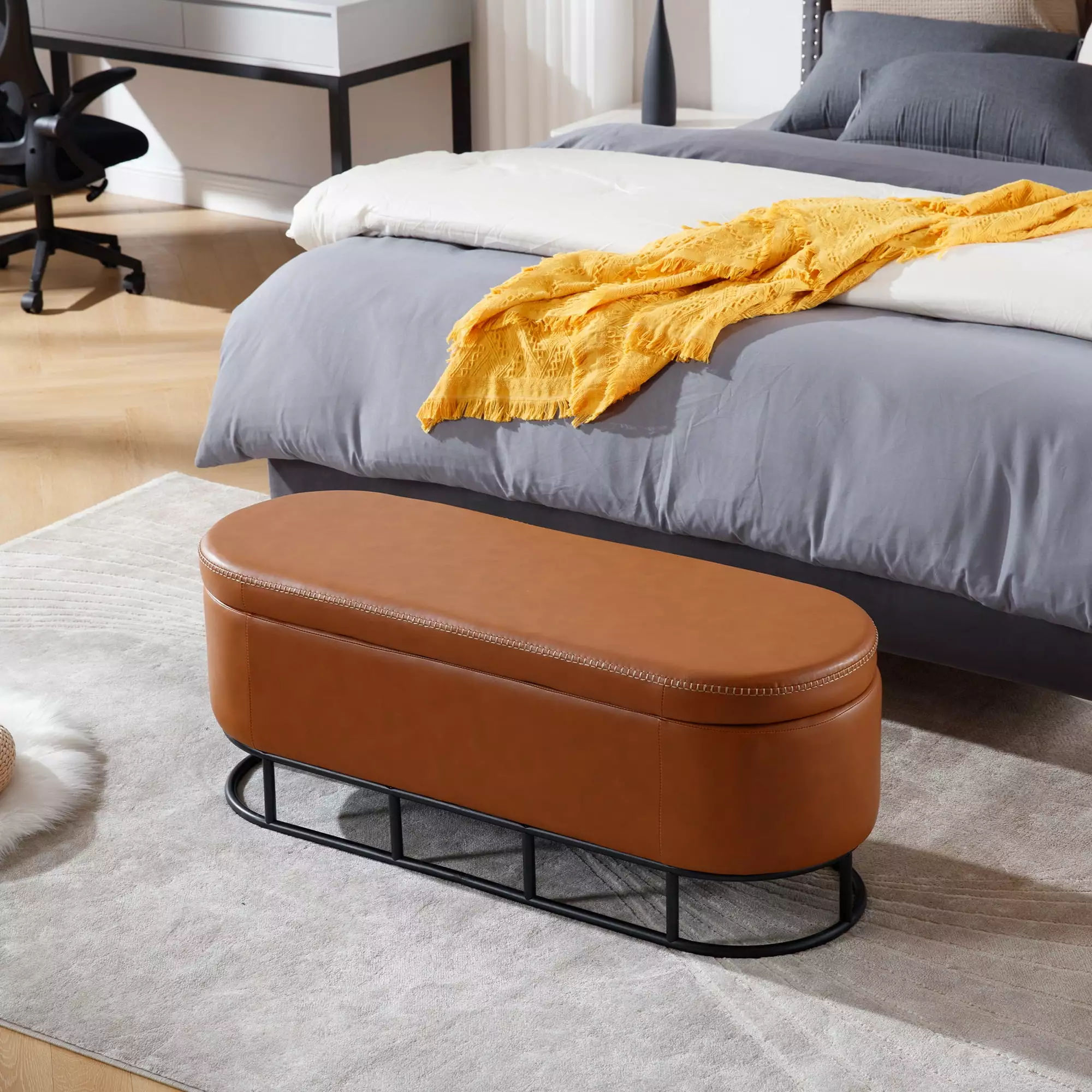 Oval Storage Bench Living Room Bedroom End Bed Upholstered Seat and Metal Legs Brown Benches Ghislaine