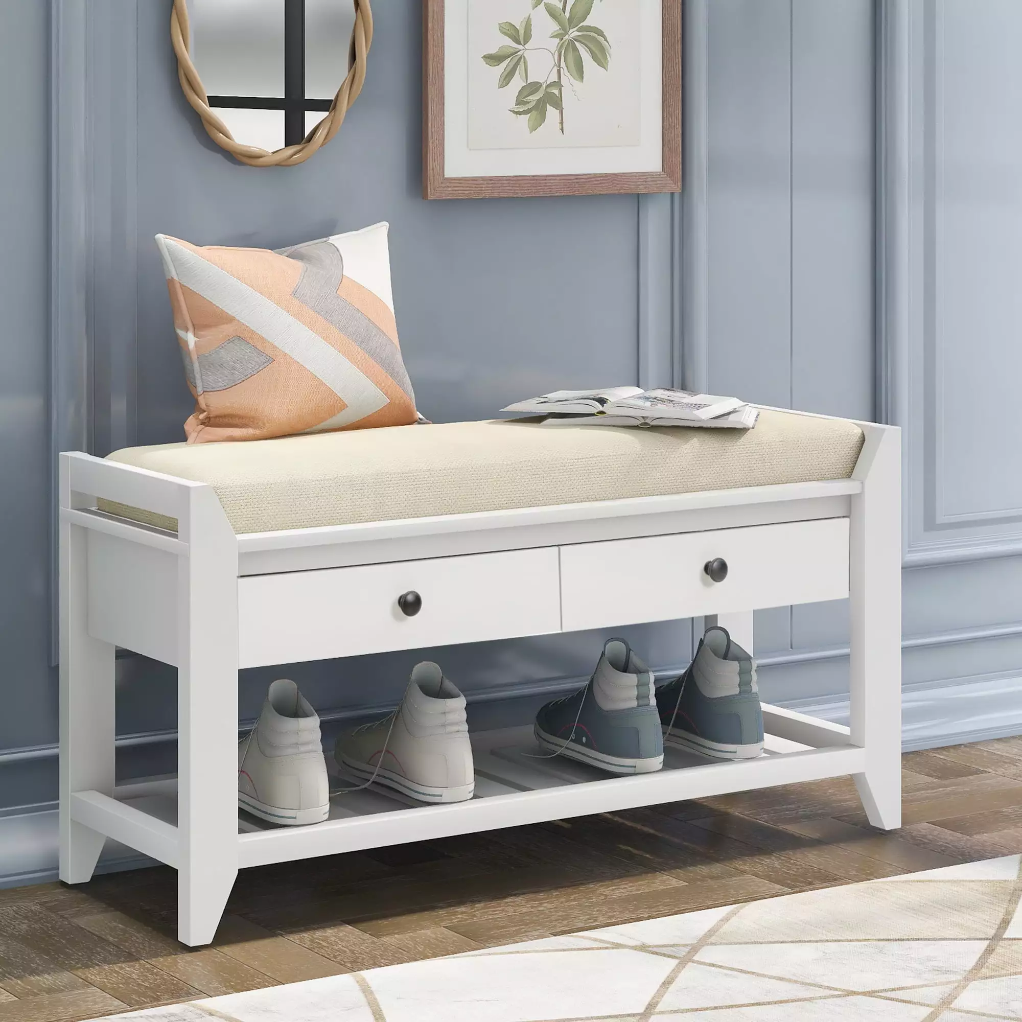 TREXM Shoe Rack Cushioned Seat and Drawers - White Multipurpose Entryway Storage Bench Benches Ghislaine