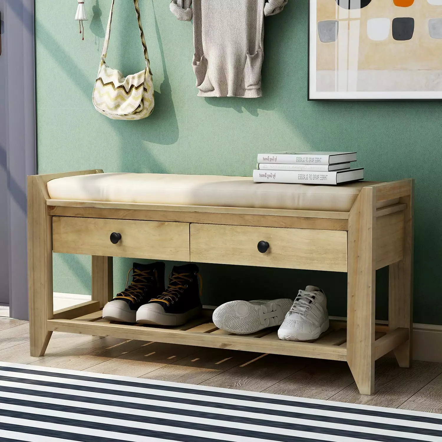 TREXM Shoe Rack Cushioned Seat and Drawers - Gray Wash Multipurpose Entryway Storage Bench Benches Ghislaine