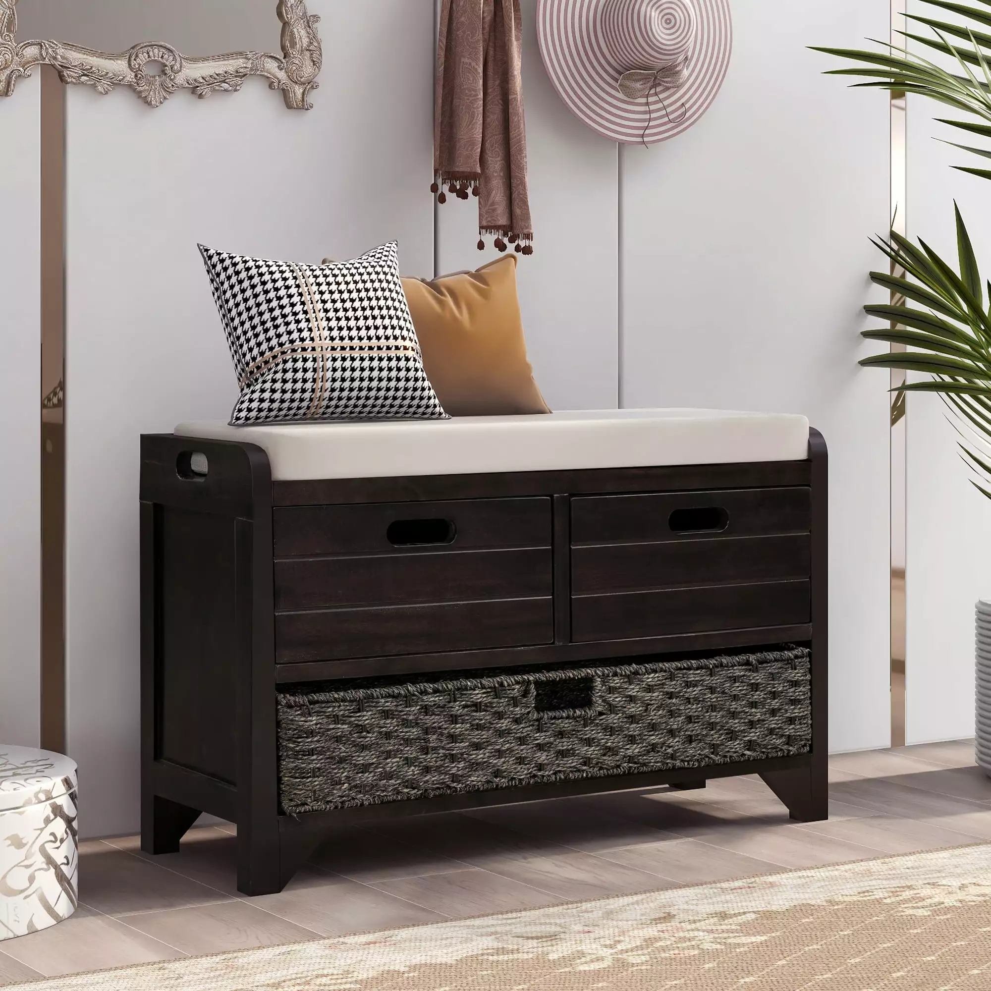 TREXM Storage Bench Removable Basket and 2 Drawers Espresso Finish Benches Ghislaine