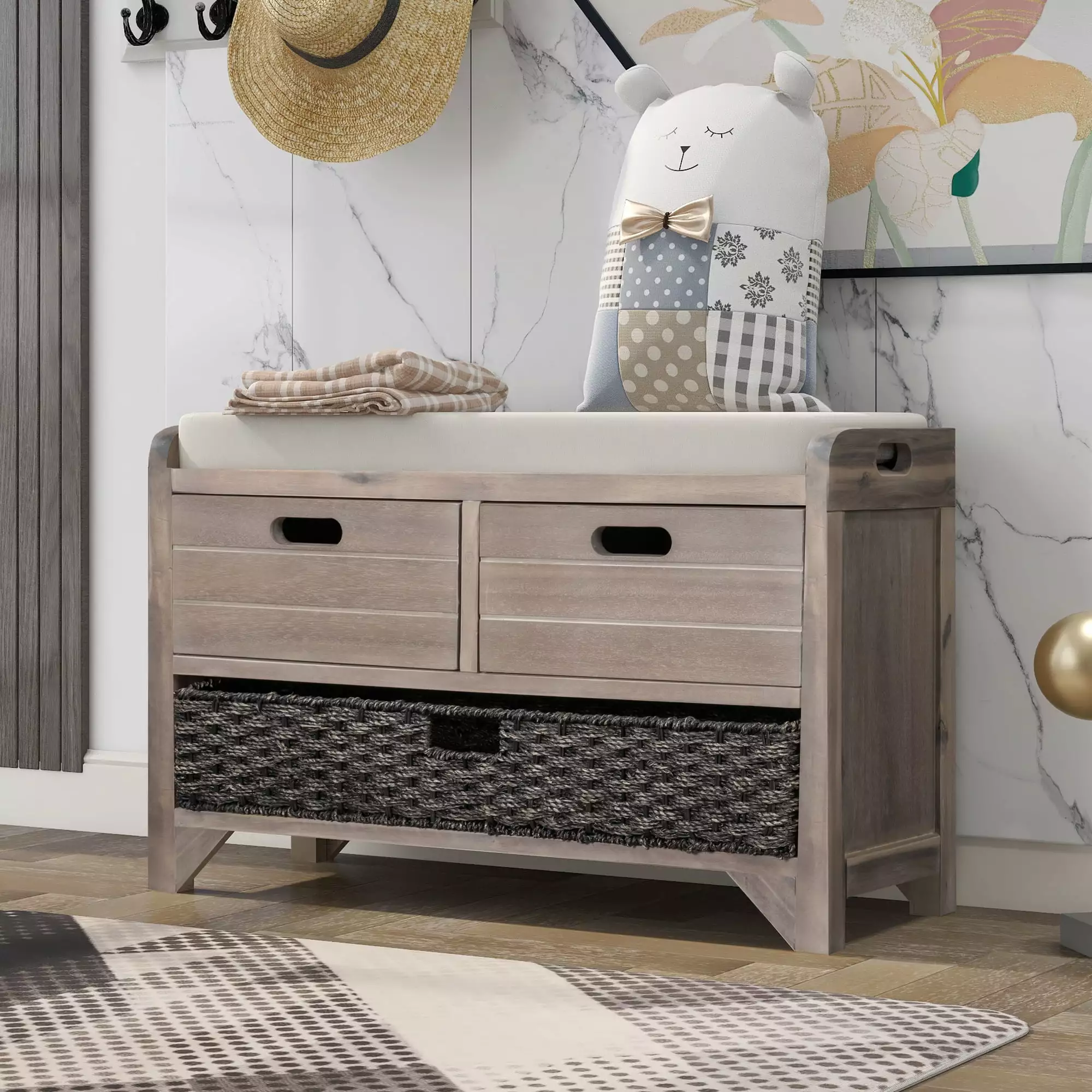 TREXM Storage Bench Removable Basket and 2 Drawers White Washed Finish Benches Ghislaine