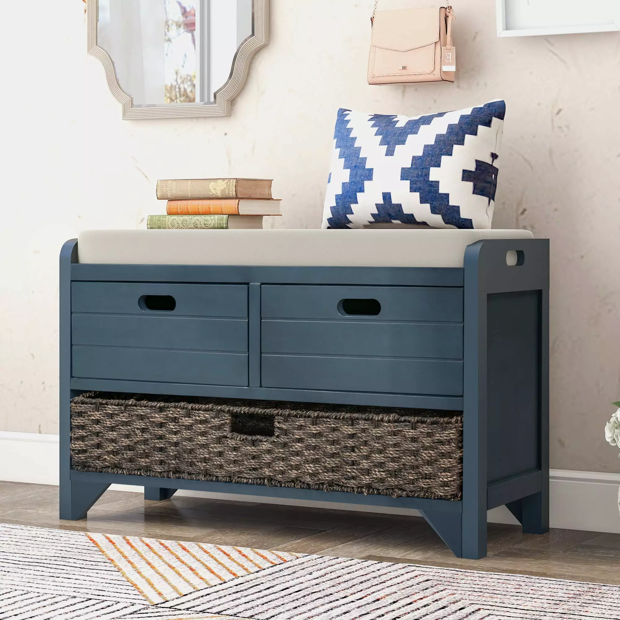 TREXM Storage Bench Removable Basket and 2 Drawers Navy Finish Benches Ghislaine