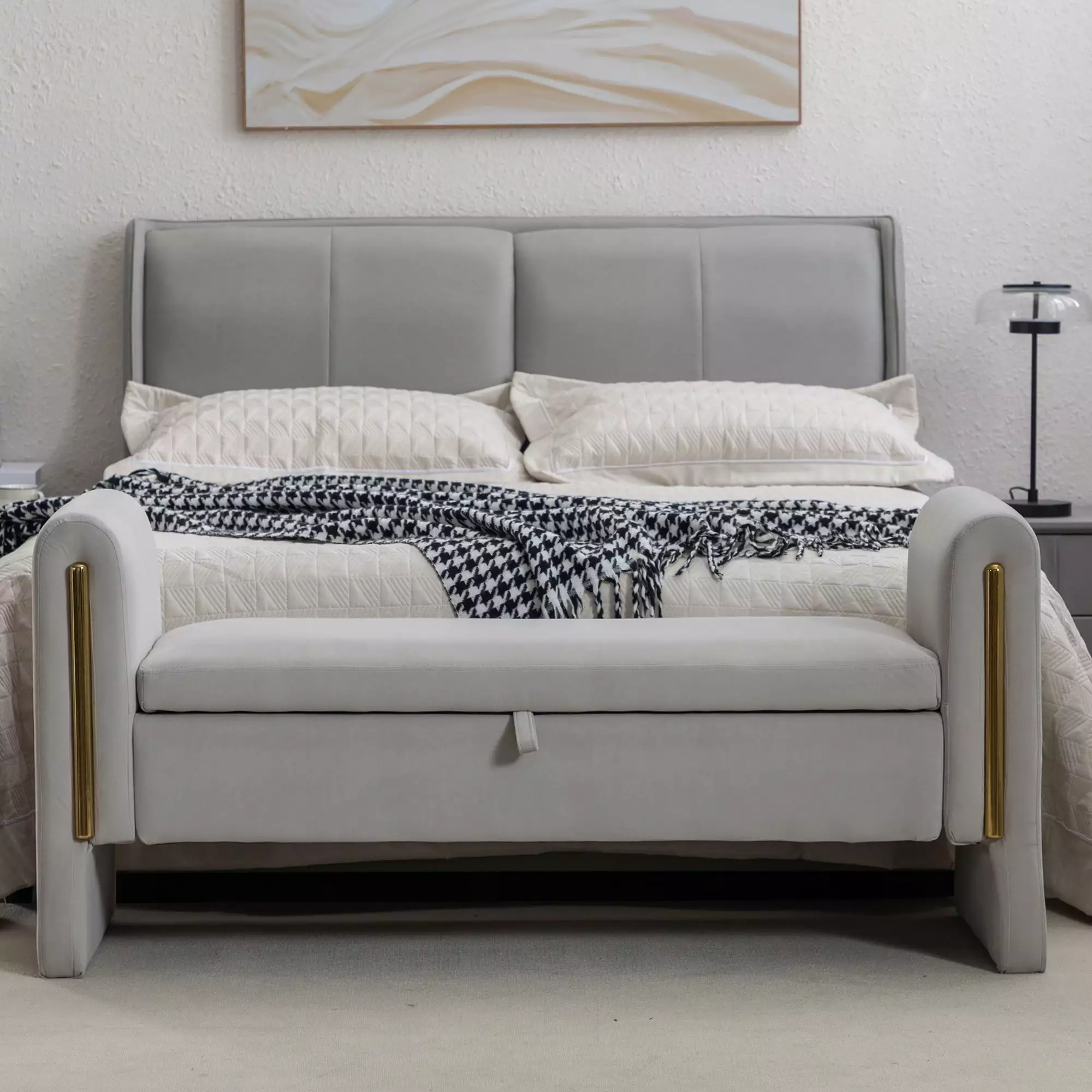 Velvet Fabric Storage Bench Gold Metal Trim Strip Living Room Bedroom Light Gray Benches Ghislaine