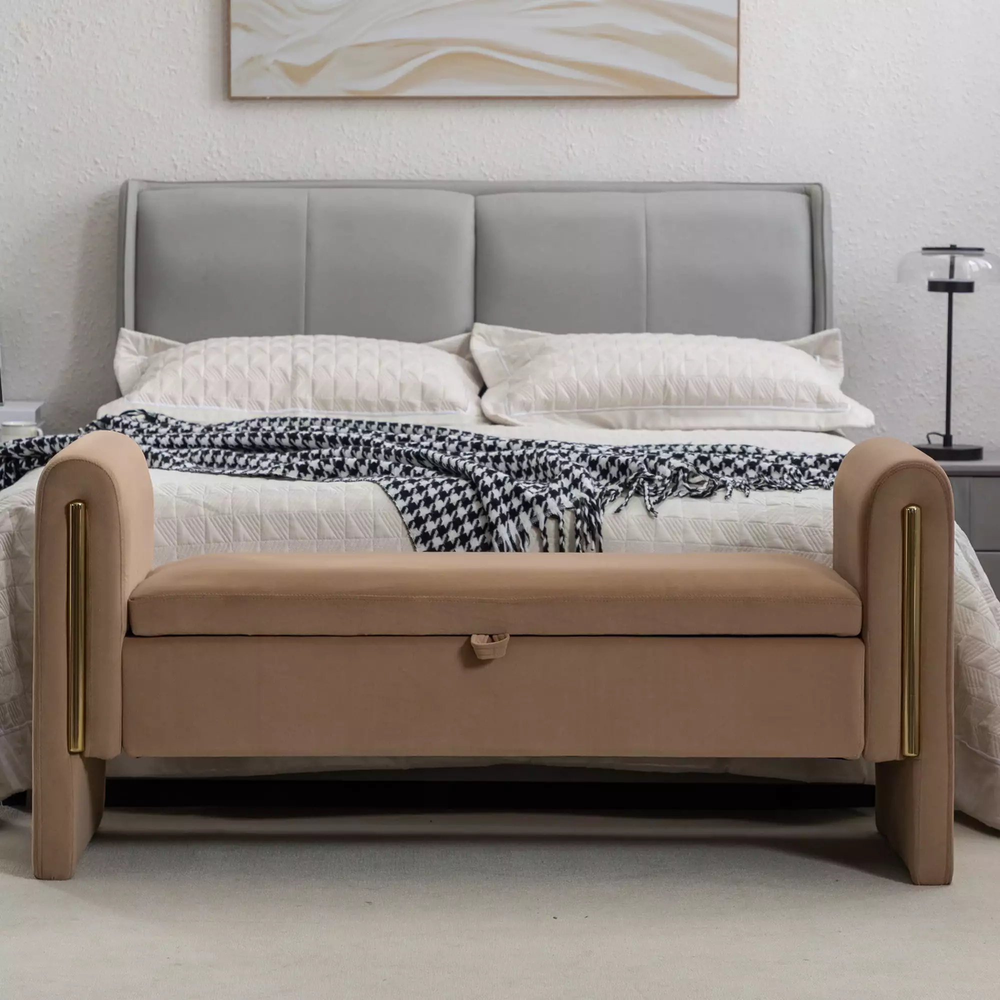 Velvet Fabric Storage Bench Gold Metal Trim Strip Living Room Bedroom Coffee Benches Ghislaine