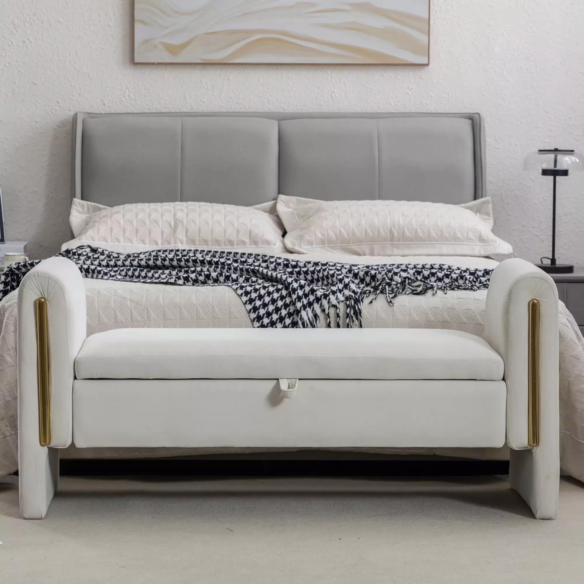 Velvet Fabric Storage Bench Gold Metal Trim Strip Living Room Bedroom Ivory Benches Ghislaine