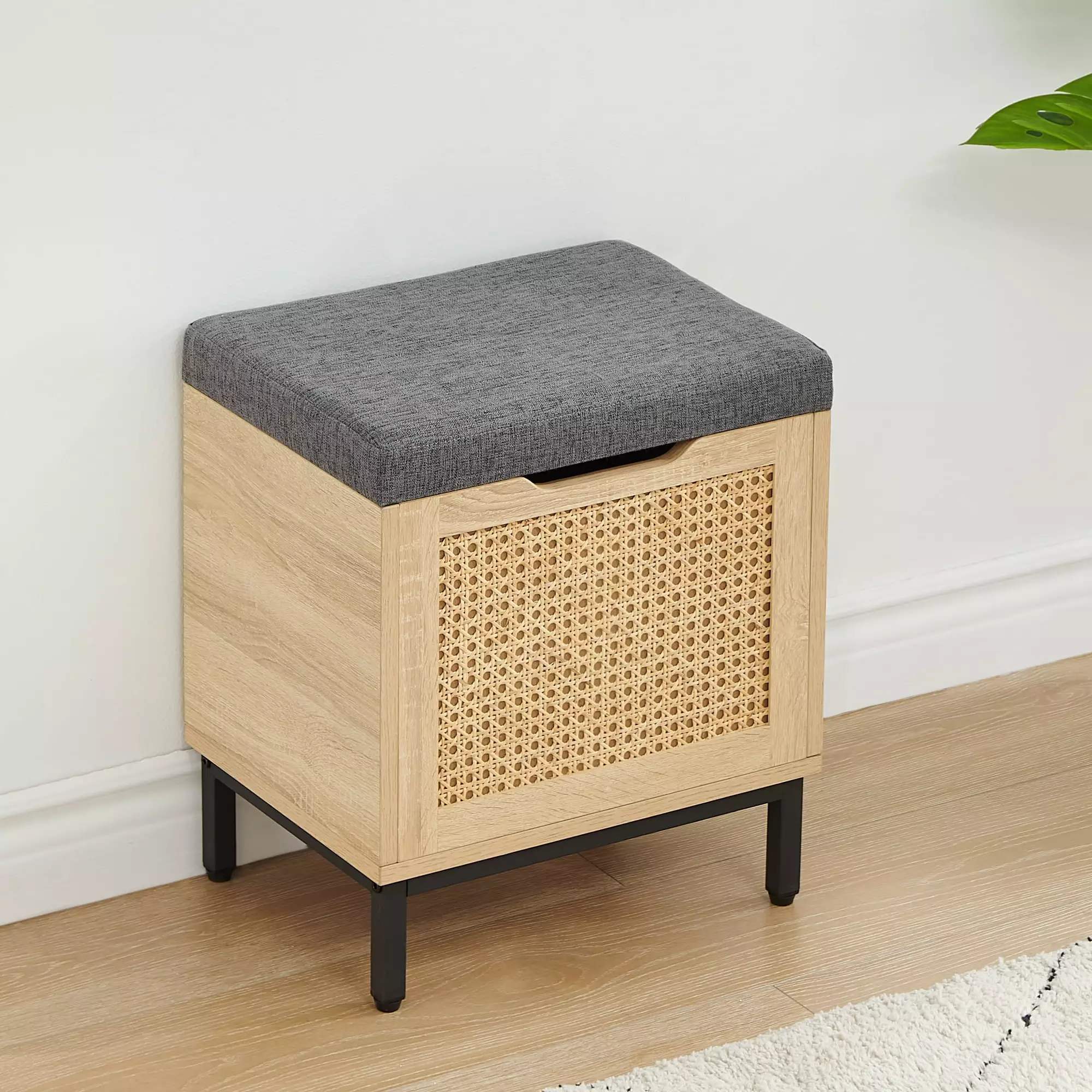 HOMEFAN Shoe Storage Stool Upholstered Top Storage Box Bedroom Hallway Bathroom Oak Finish Benches