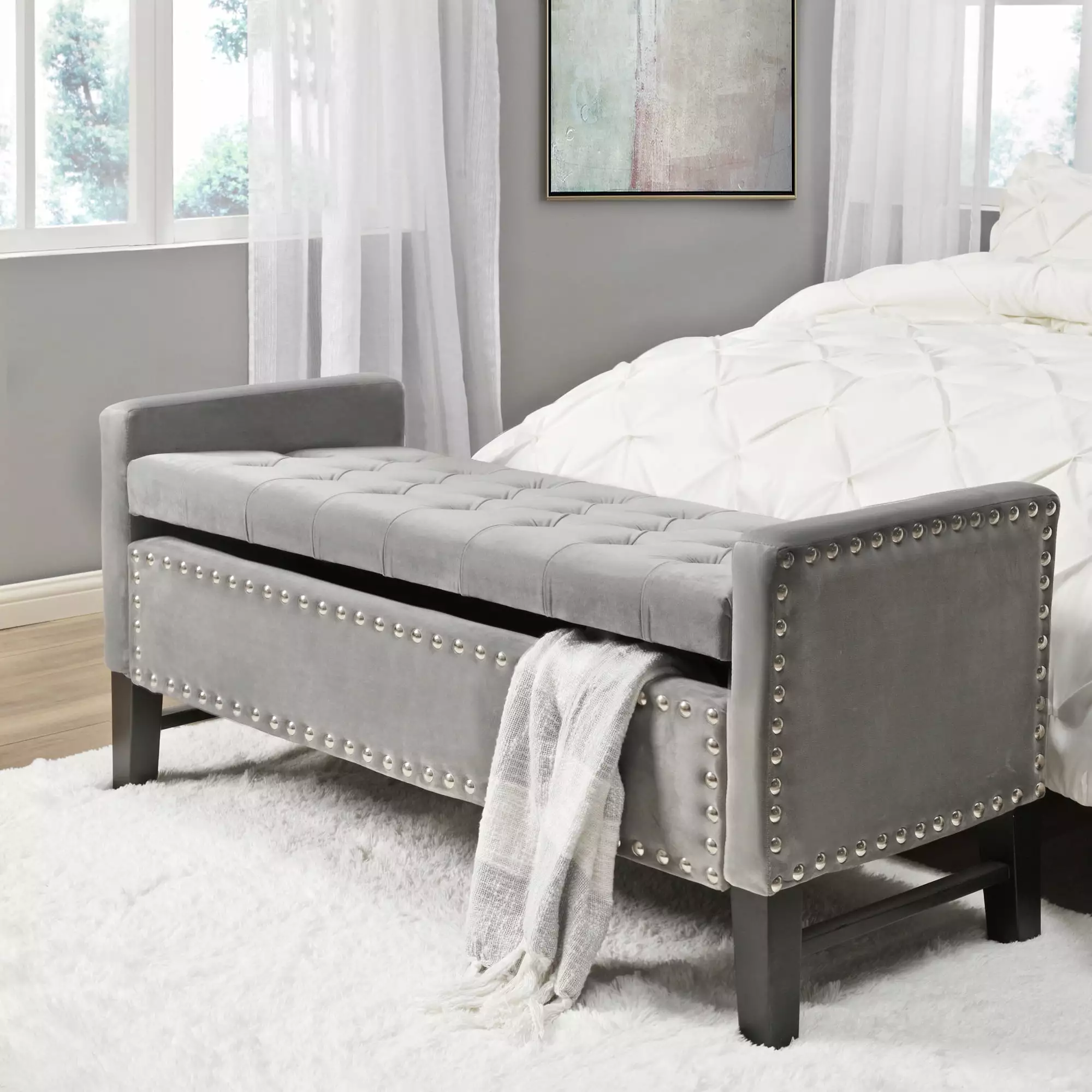 Inspired Home Harriet Velvet Storage Bench Button Tufted Silver Nailhead Trim Modern Light Grey Benches