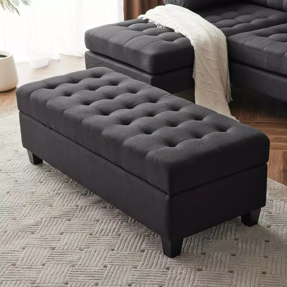 IVV Storage Ottoman Bench - Linen Fabric Upholstered - 51 Inch - Holds 800lbs - Black Ottomans