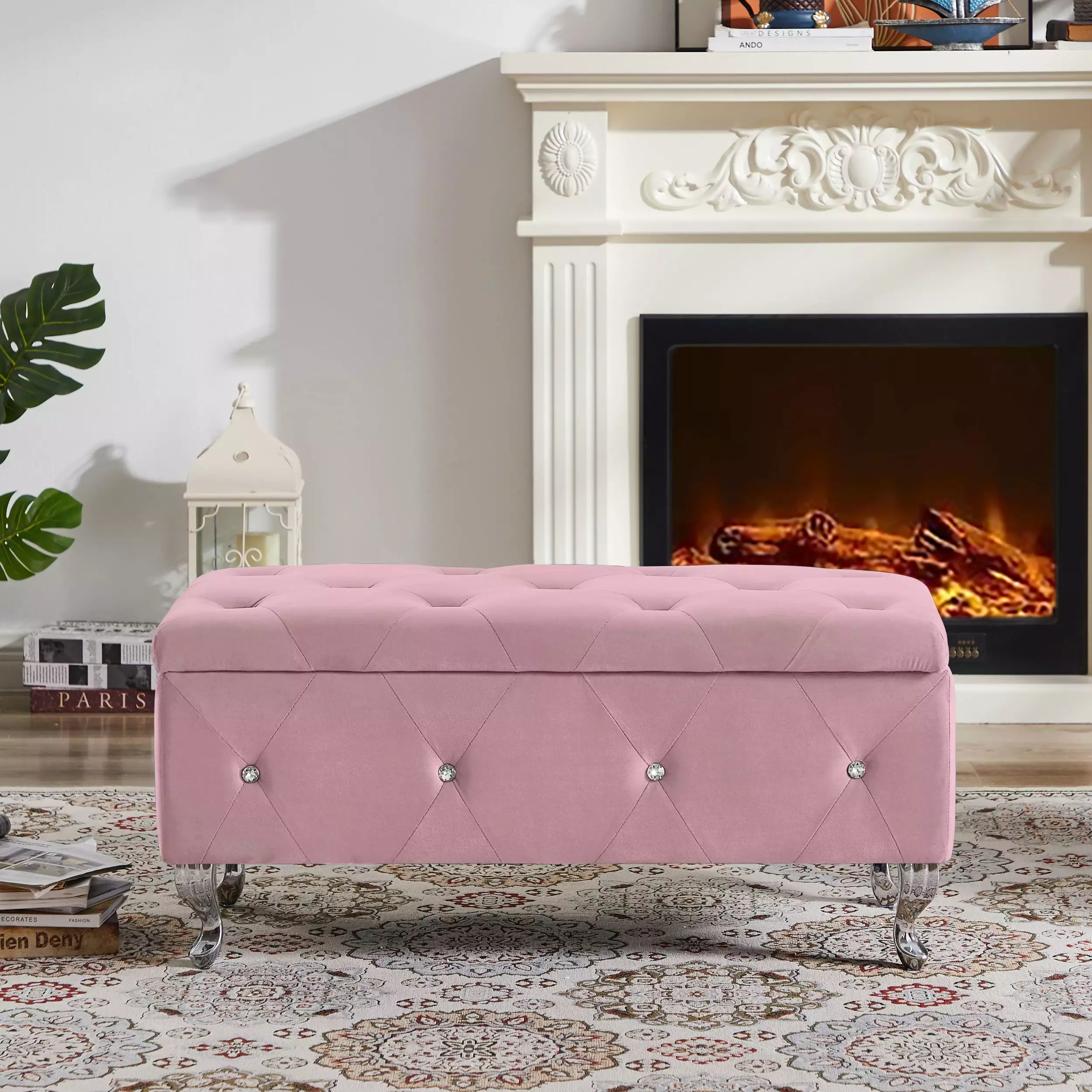 Flip Top Entryway Storage Bench Safety Hinge and Padded Seat Supports 250 lb Pink Velvet Ottomans Miekor