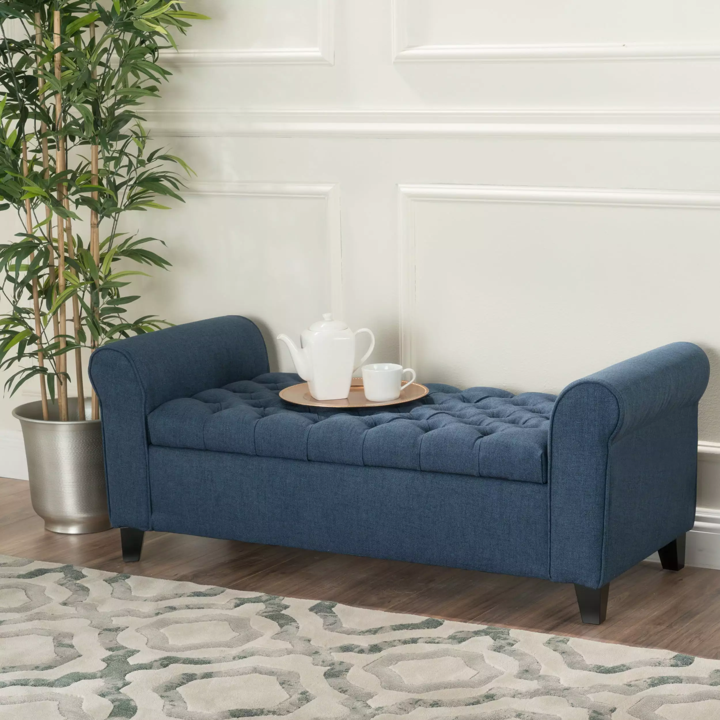 Noble House Amanda Dark Blue Fabric Armed Storage Bench - Functional and Elegant Living Room Bench Benches