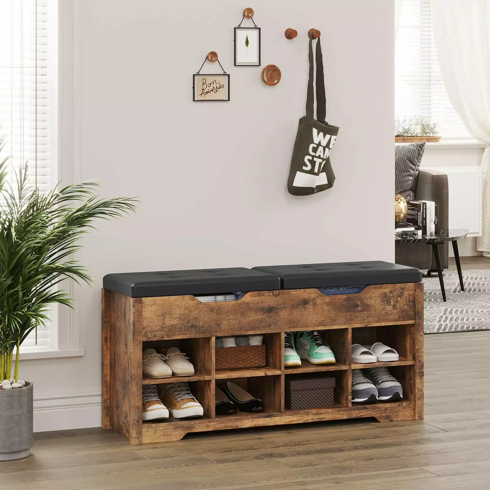 Shoe Bench Adjustable Shelves Hidden Drawers Entryway Storage Bench Cushions Magnetic Pads Rustic Brown Benches OTMCOOUCH