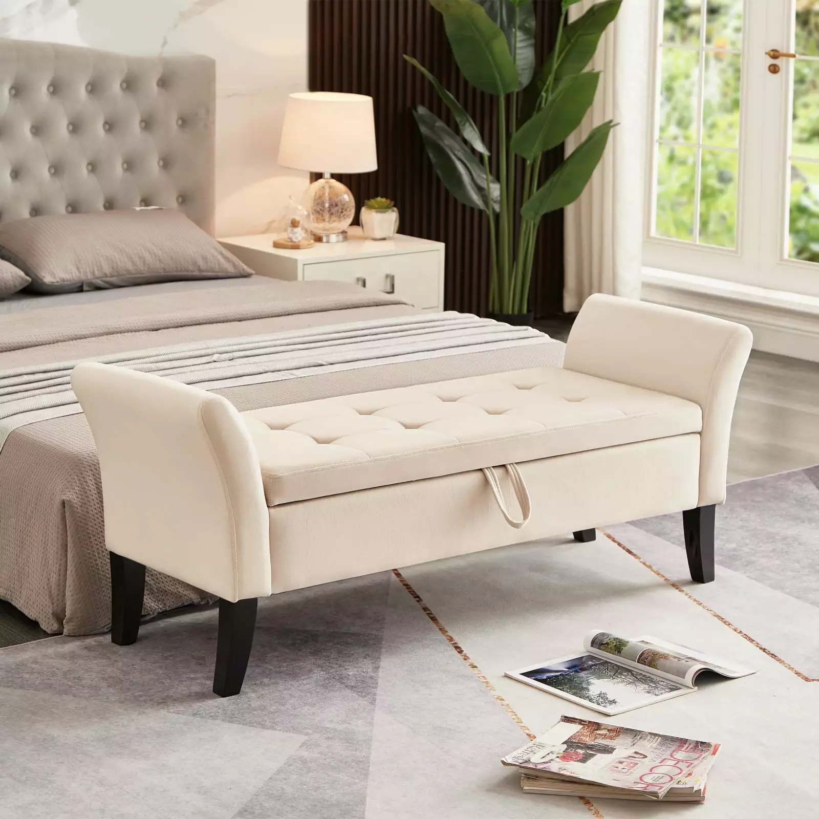 51.5-inch Beige Velvet Bed Bench - Tufted Storage Bench Bedroom and Living Room Benches Ponnky