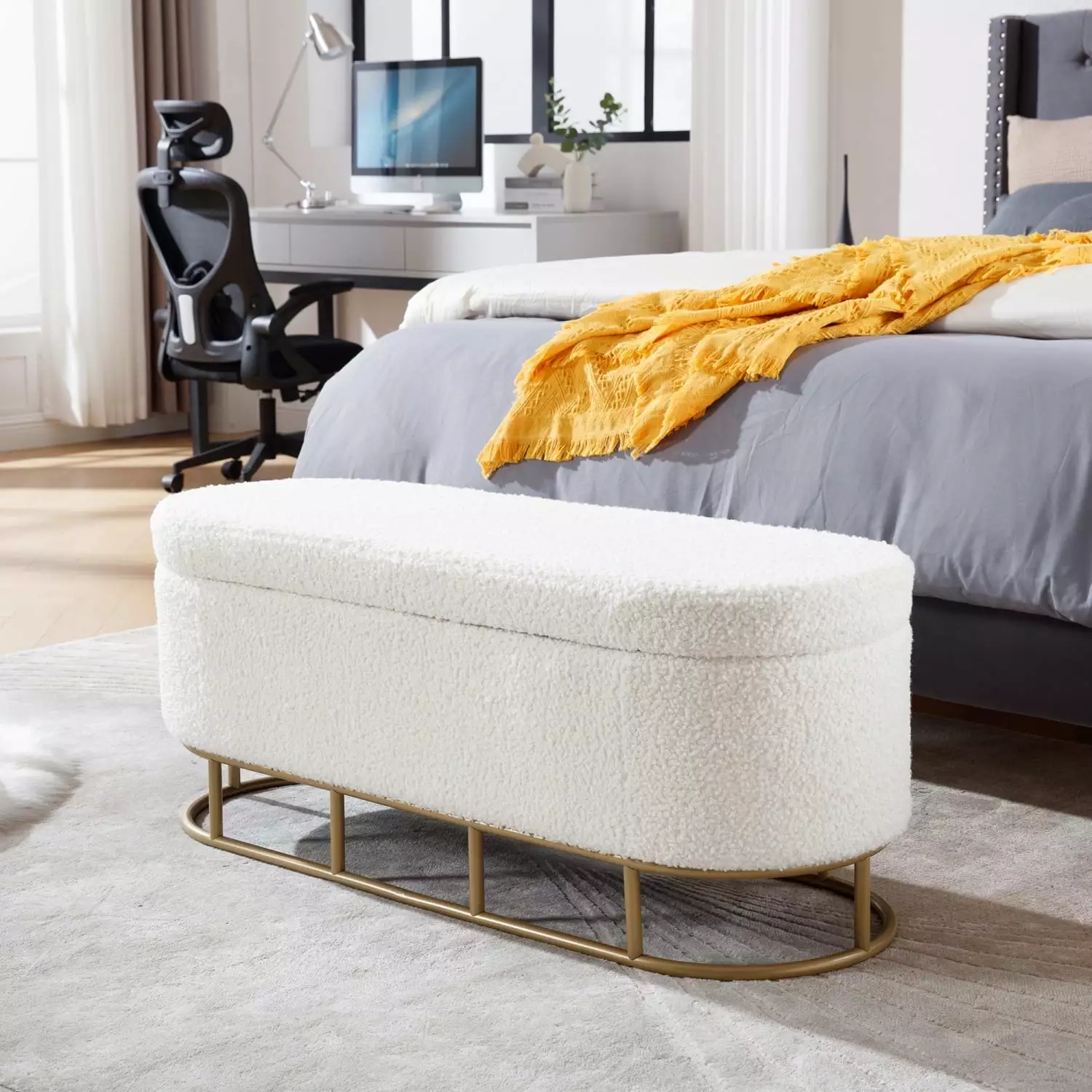 Cream Teddy Plush Upholstered Oval Storage Bench Metal Legs Living Room or Bedroom Benches Ponnky