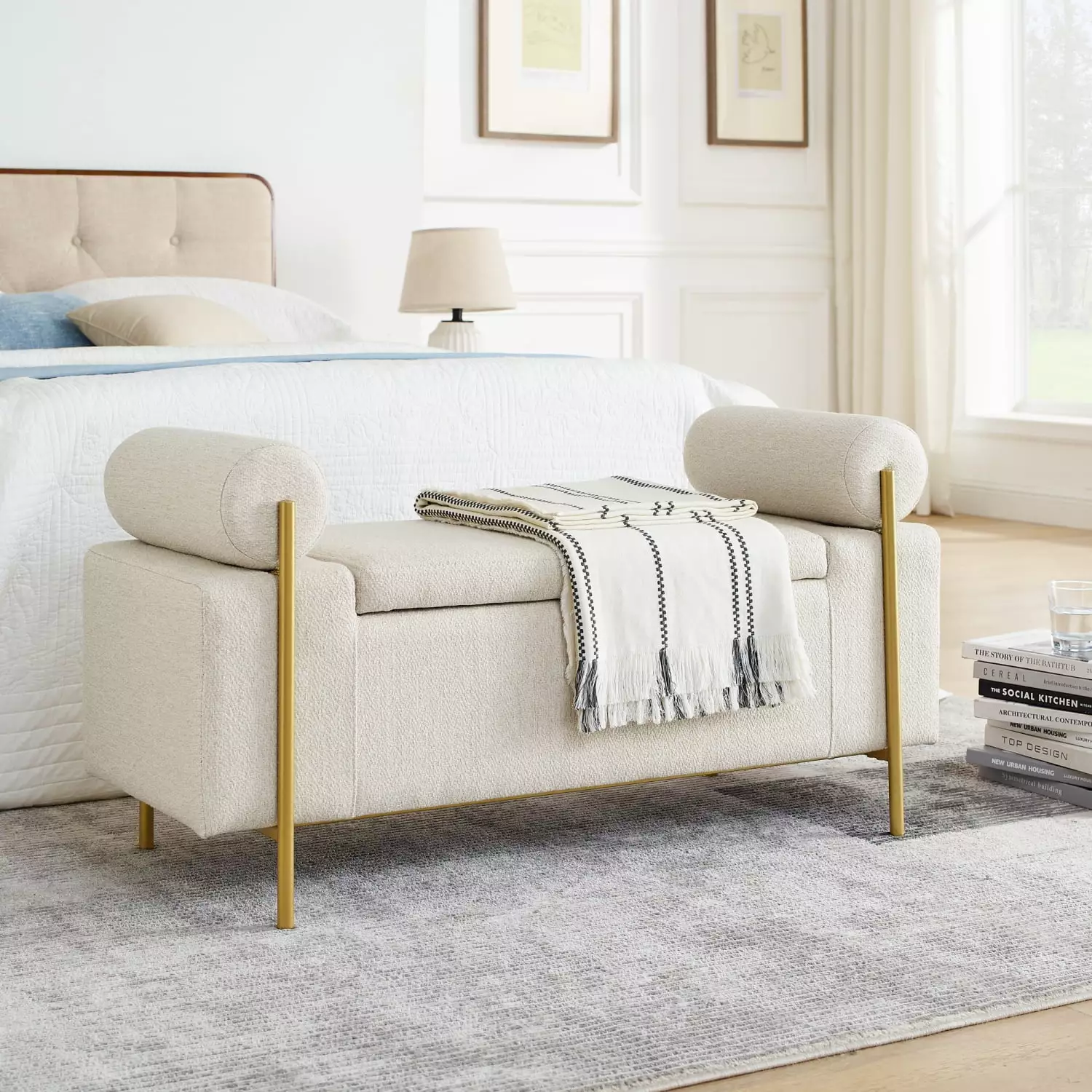 Stylish Upholstered Linen Storage Bench Cylindrical Arms and Iron Legs 44x17x23 Benches Ponnky