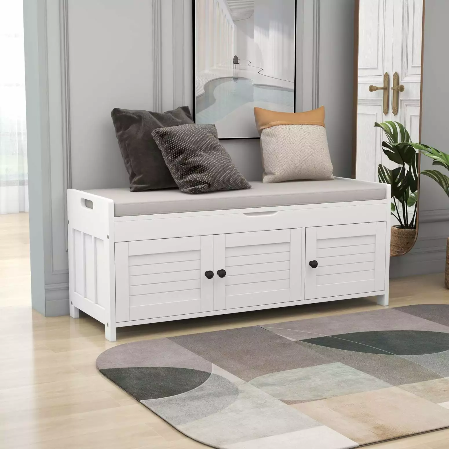 White Shutter Door Storage Bench Removable Cushion Entryway or Bedroom Benches Ponnky