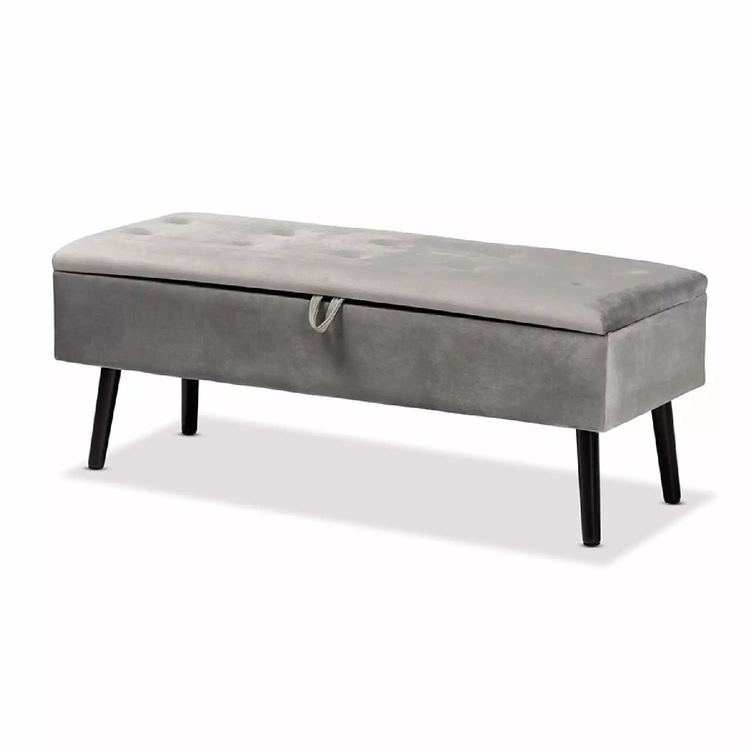 Baxton Studio Caine Grey Velvet Fabric Upholstered Storage Bench Dark Brown Wood Benches Wholesale Interiors